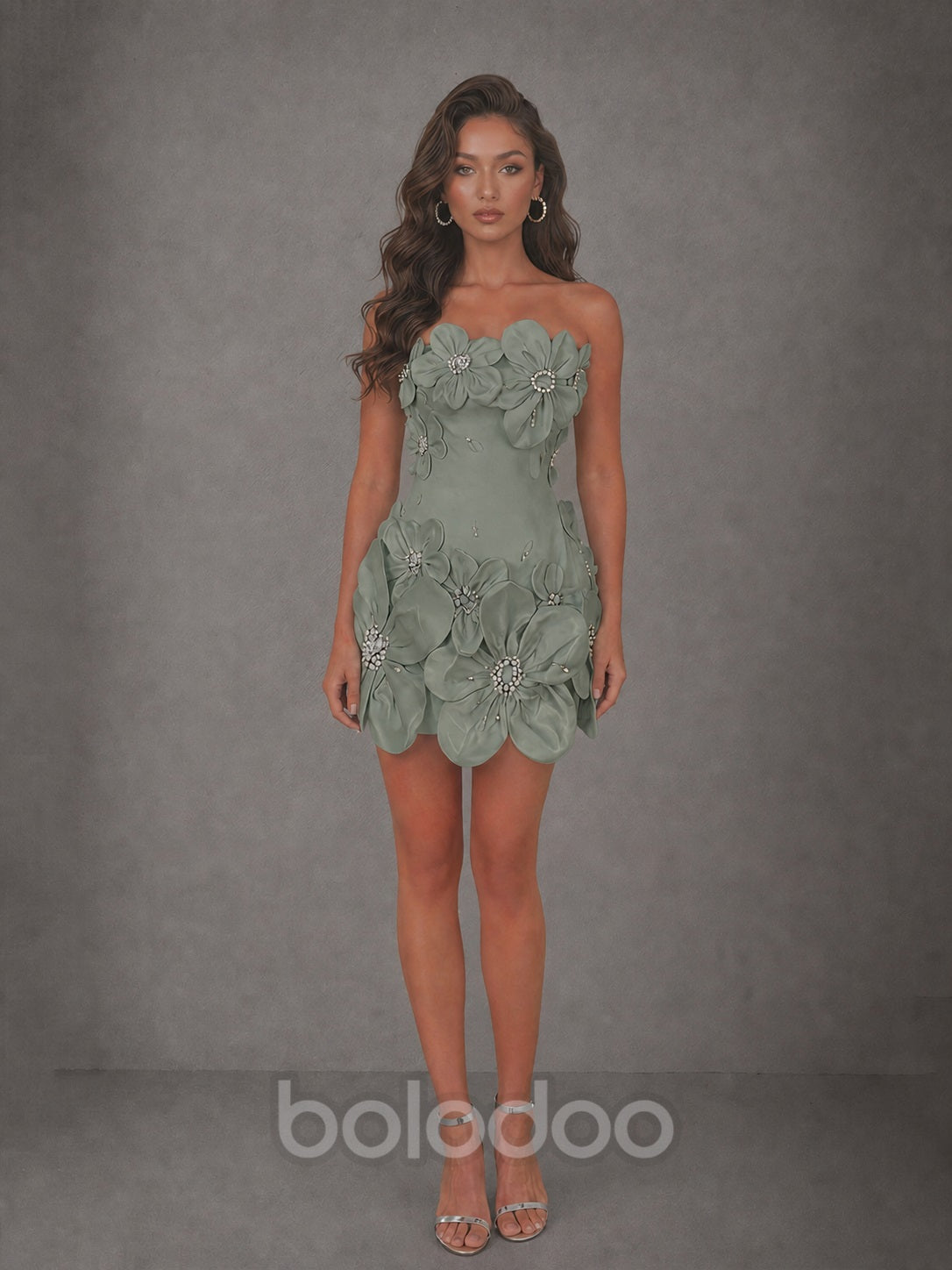 BOLODOO Sage Green 3D Floral Strapless Mini Dress with Crystal Embellishments - view 3 | BOLODOO watermark