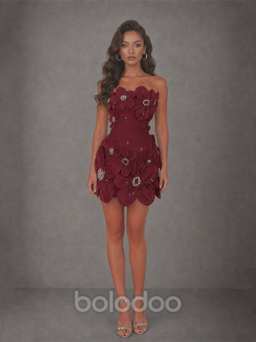 BOLODOO Burgundy 3D Floral Strapless Mini Dress with Crystal Embellishments - view 3 | BOLODOO watermark