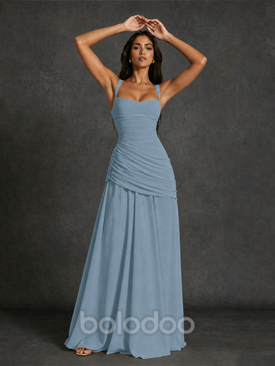 BOLODOO Square Neck Ruched A-Line Maxi Dress - Dusty Blue Backless Evening Gown - view 3 | BOLODOO watermark