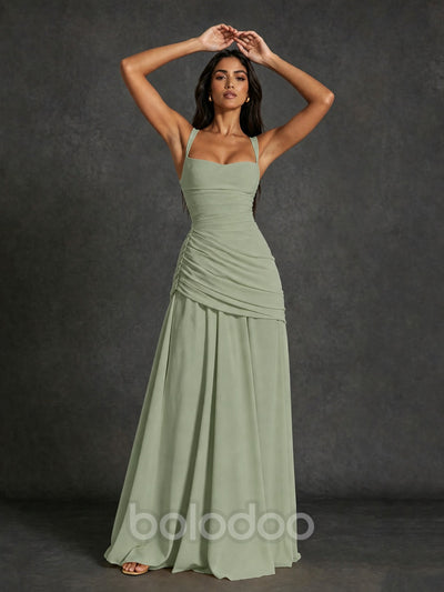BOLODOO Square Neck Ruched A-Line Maxi Dress - Sage Green Backless Evening Gown - view 3 | BOLODOO watermark