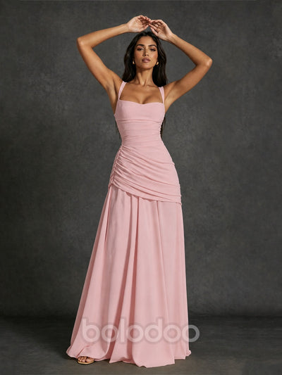 BOLODOO Square Neck Ruched A-Line Maxi Dress - Blush Pink Backless Evening Gown - view 3 | BOLODOO watermark