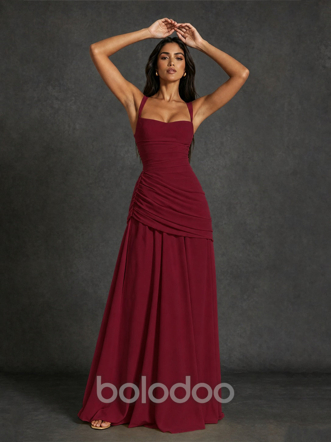 BOLODOO Square Neck Ruched A-Line Maxi Dress - Burgundy Backless Evening Gown - view 3 | BOLODOO watermark