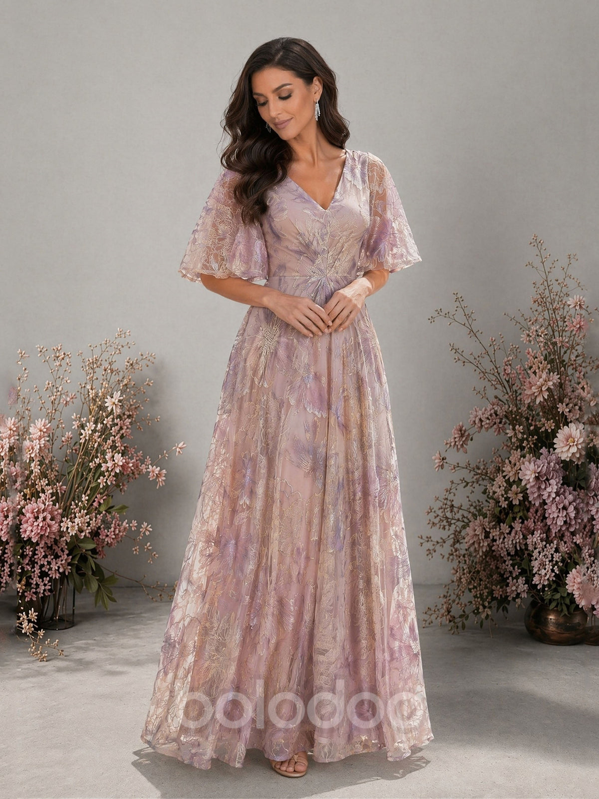 BOLODOO lavender metallic floral embroidered organza V-neck flutter sleeve A-line floor length gown – front full length looking down view showing ruched empire waist detail | BOLODOO watermark