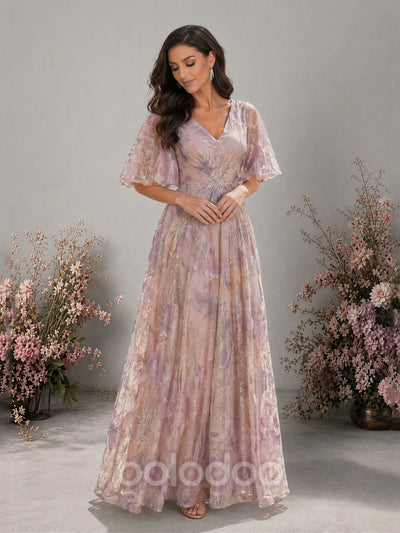 BOLODOO lavender metallic floral embroidered organza V-neck flutter sleeve A-line floor length gown – front full length looking down view showing ruched empire waist detail | BOLODOO watermark