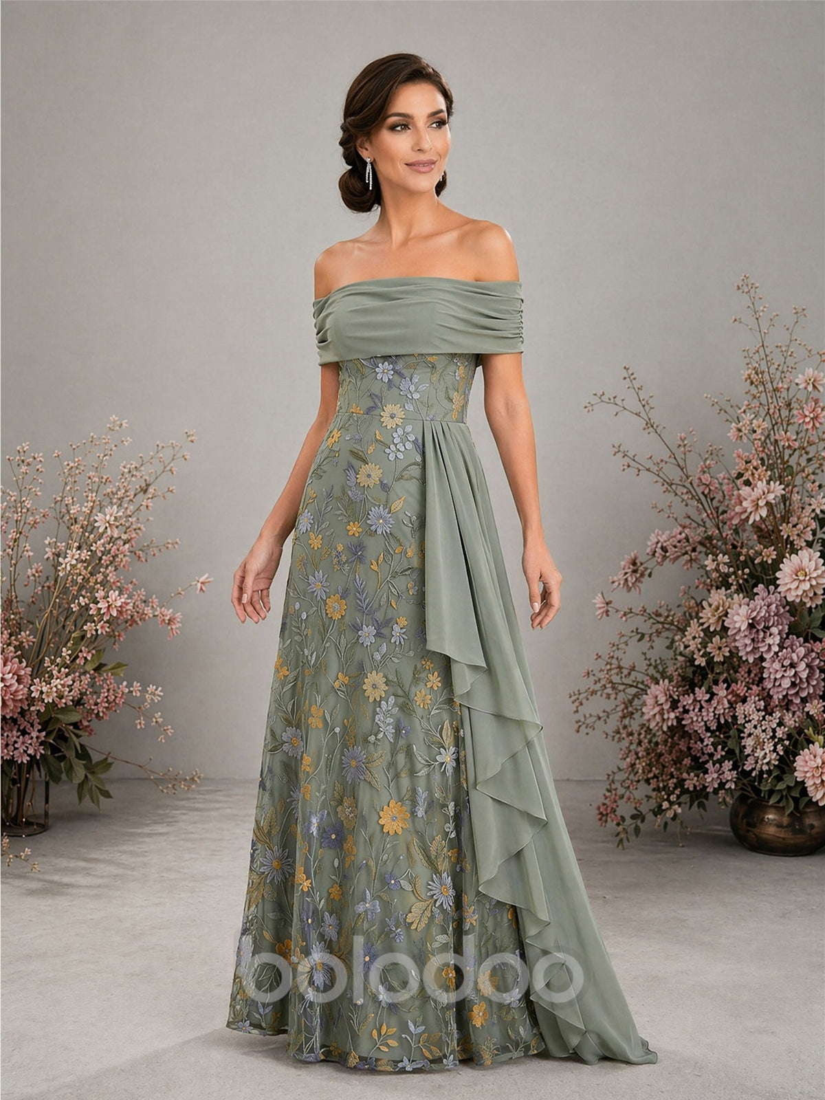 BOLODOO sage green floral embroidered off-shoulder gown – ruched chiffon bodice close-up detail | BOLODOO watermark