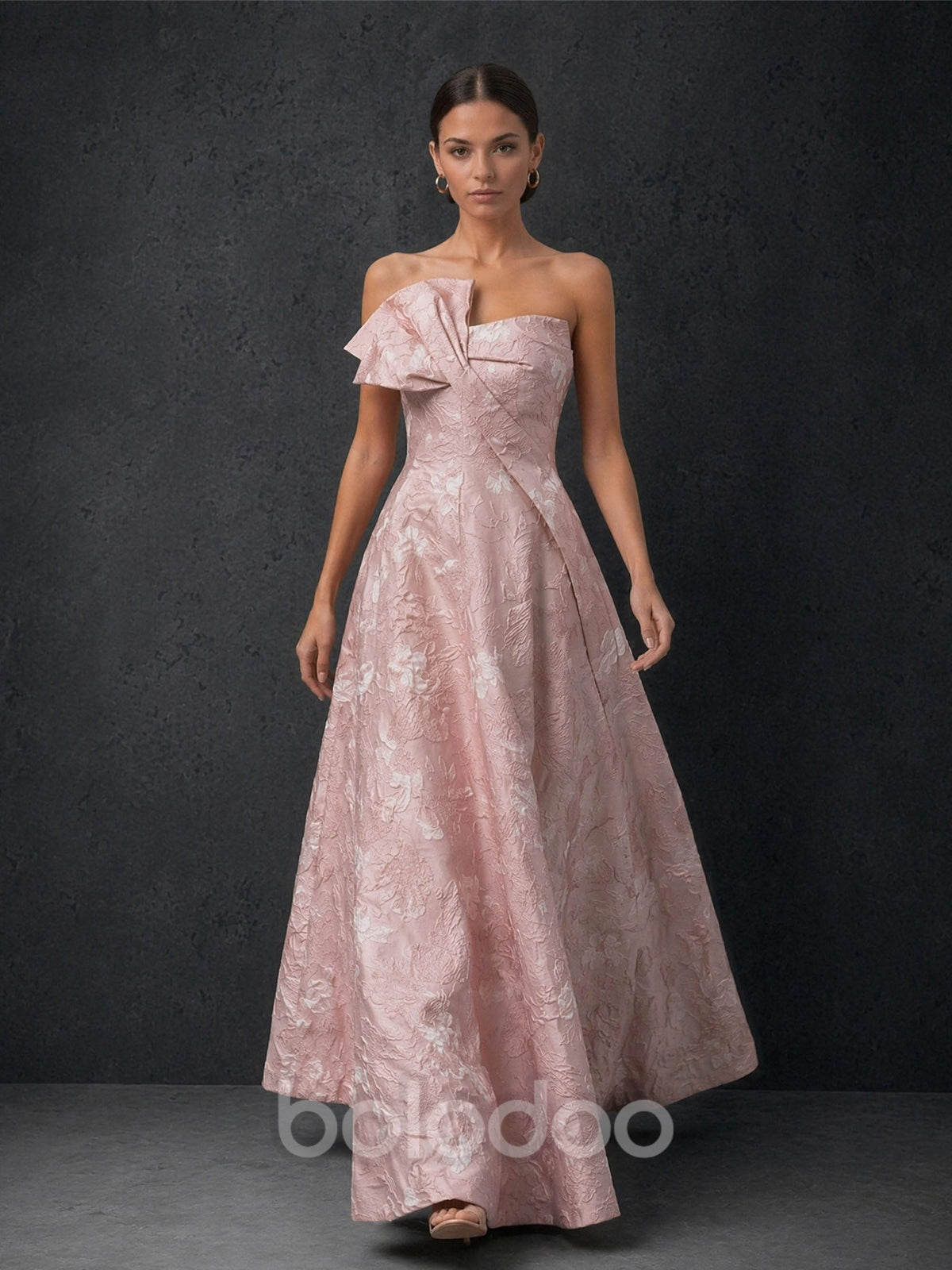 BOLODOO blush pink floral jacquard ball gown – back view with covered back and zipper closure | BOLODOO watermark