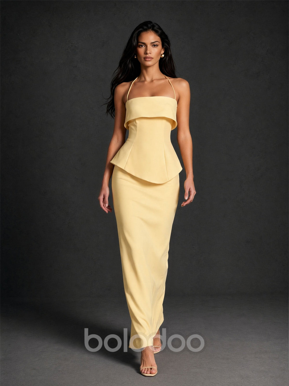 BOLODOO butter yellow halter peplum maxi dress – fold-over bodice and halter neckline close-up detail | BOLODOO watermark