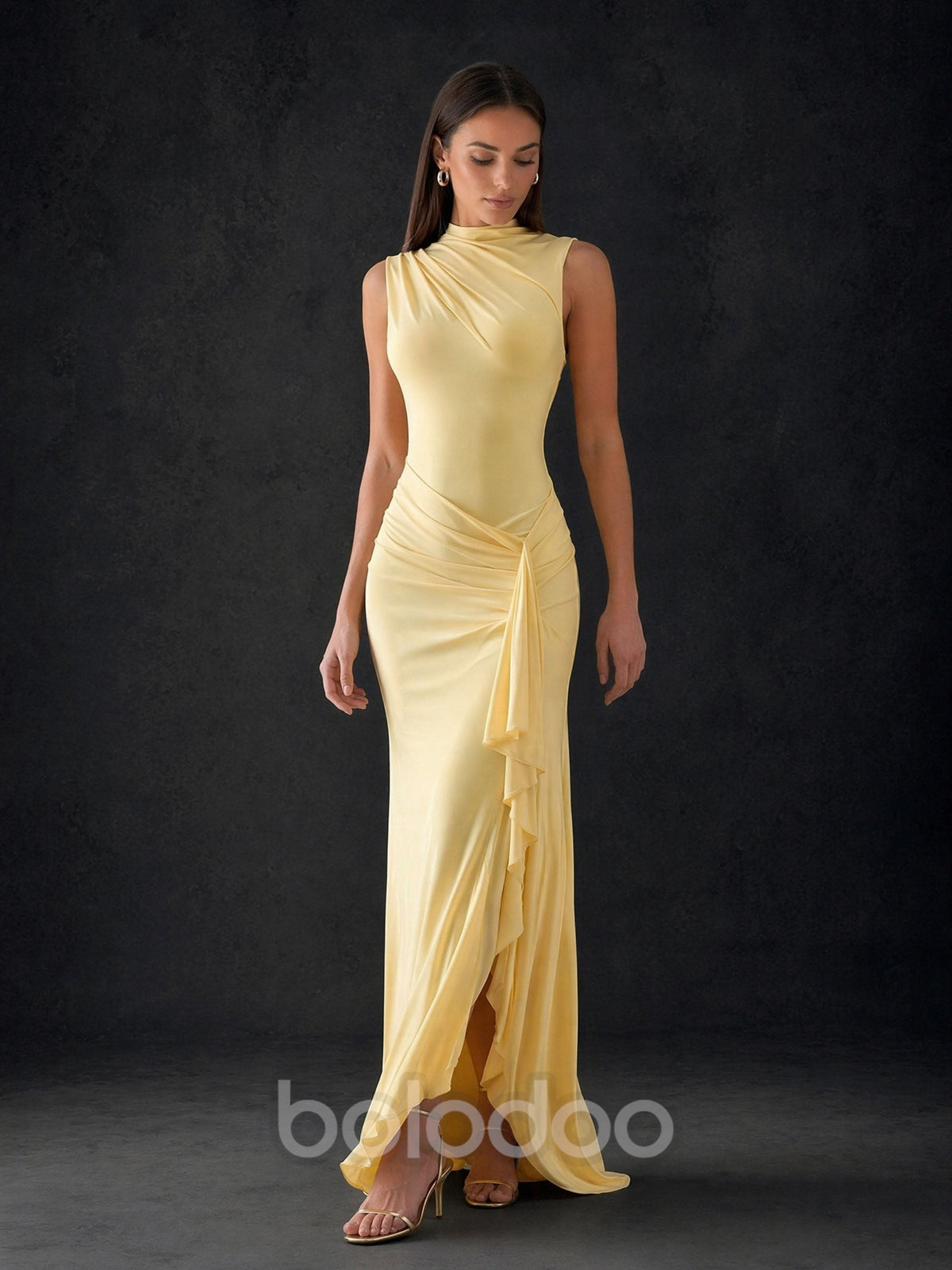 BOLODOO pale yellow ruched satin gown – front standing full length view showing cascade ruffle slit | BOLODOO watermark