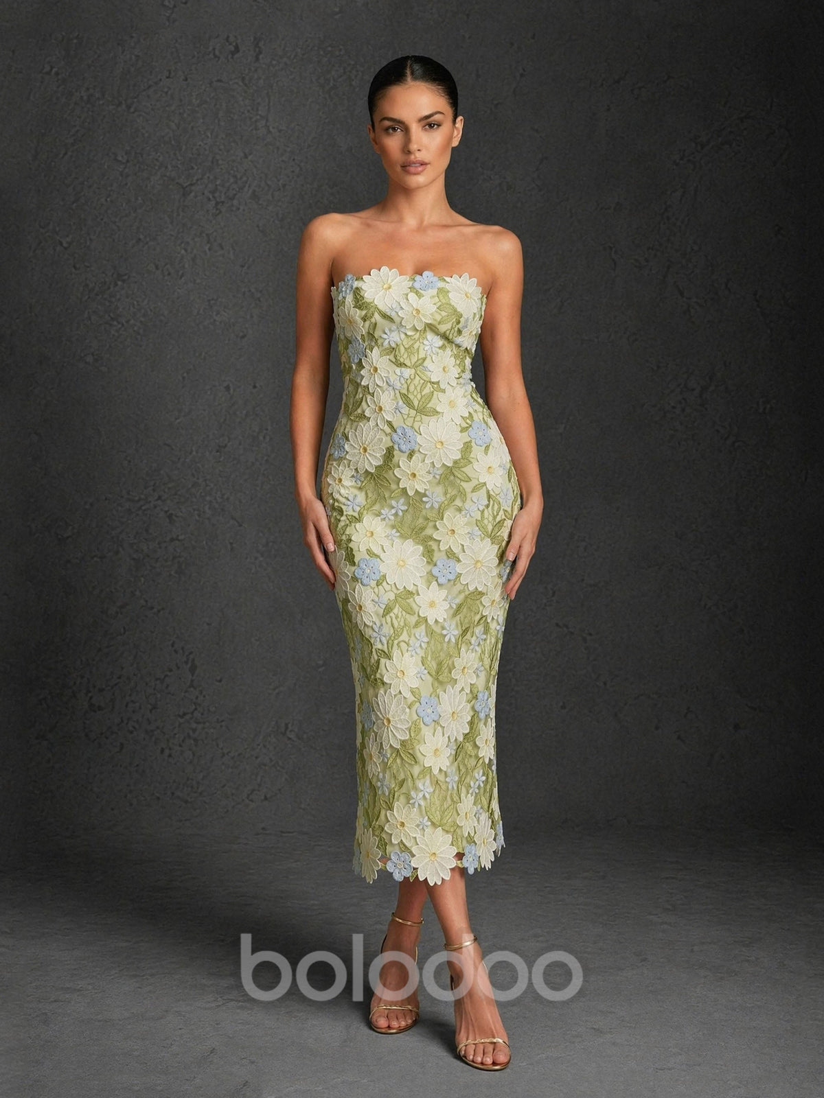 BOLODOO sage green 3D floral applique strapless midi dress – front standing full length view | BOLODOO watermark
