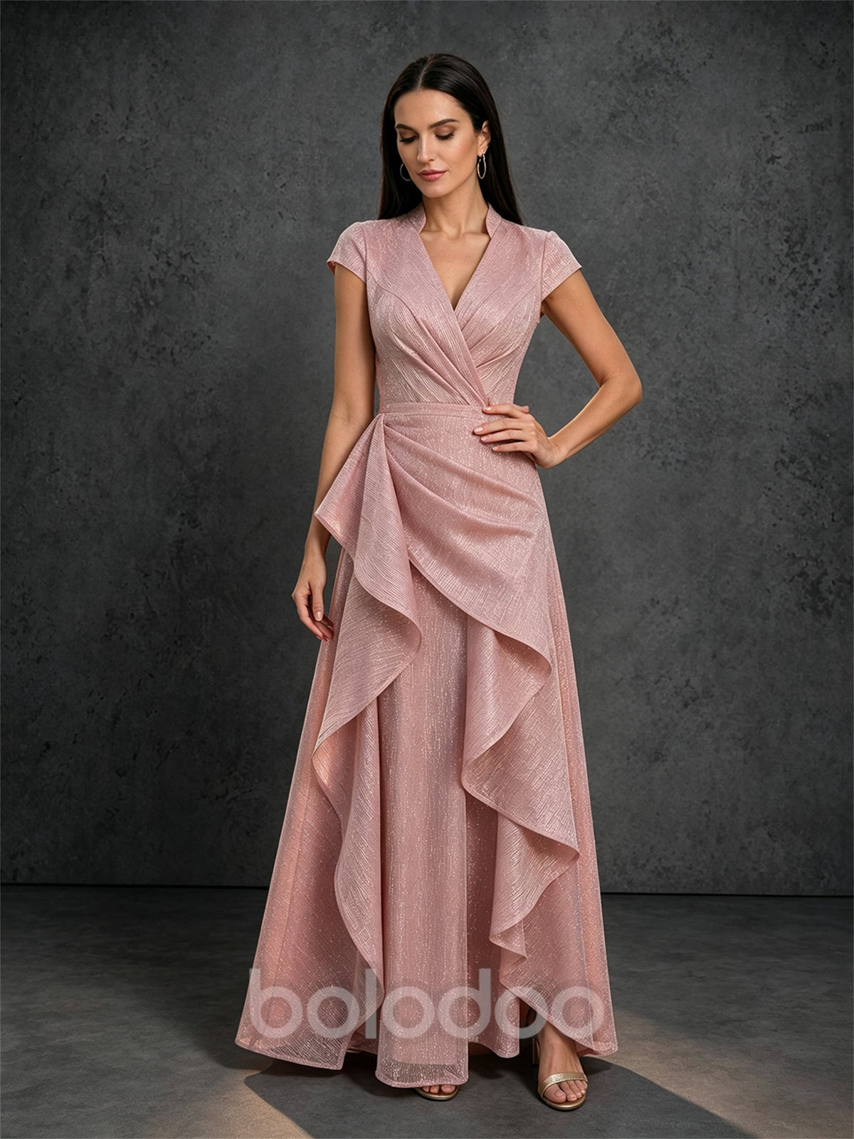 BOLODOO dusty rose glitter shimmer V-neck cap sleeve cascade ruffle A-line maxi gown – front full length view | BOLODOO watermark