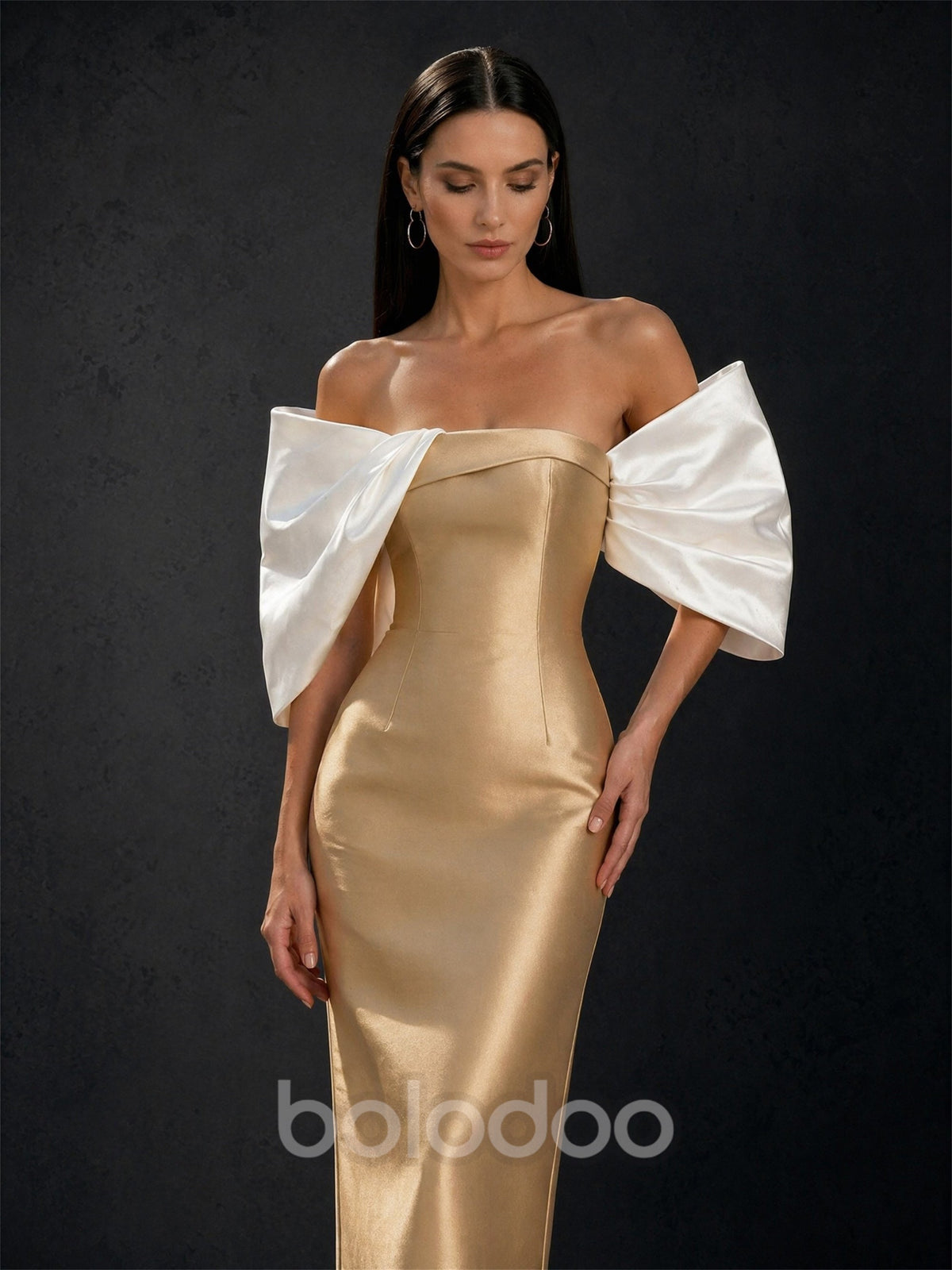 BOLODOO gold satin off-shoulder puff sleeve column dress – bodice and detachable white puff sleeve close-up detail | BOLODOO watermark