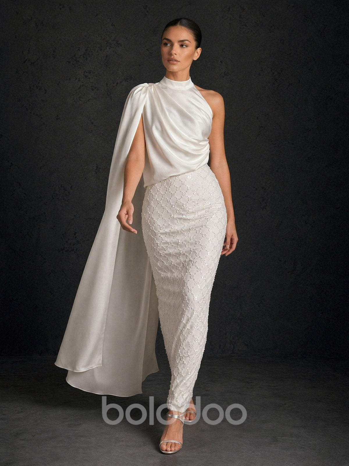 BOLODOO ivory beaded column gown – back view showing open back and back slit | BOLODOO watermark
