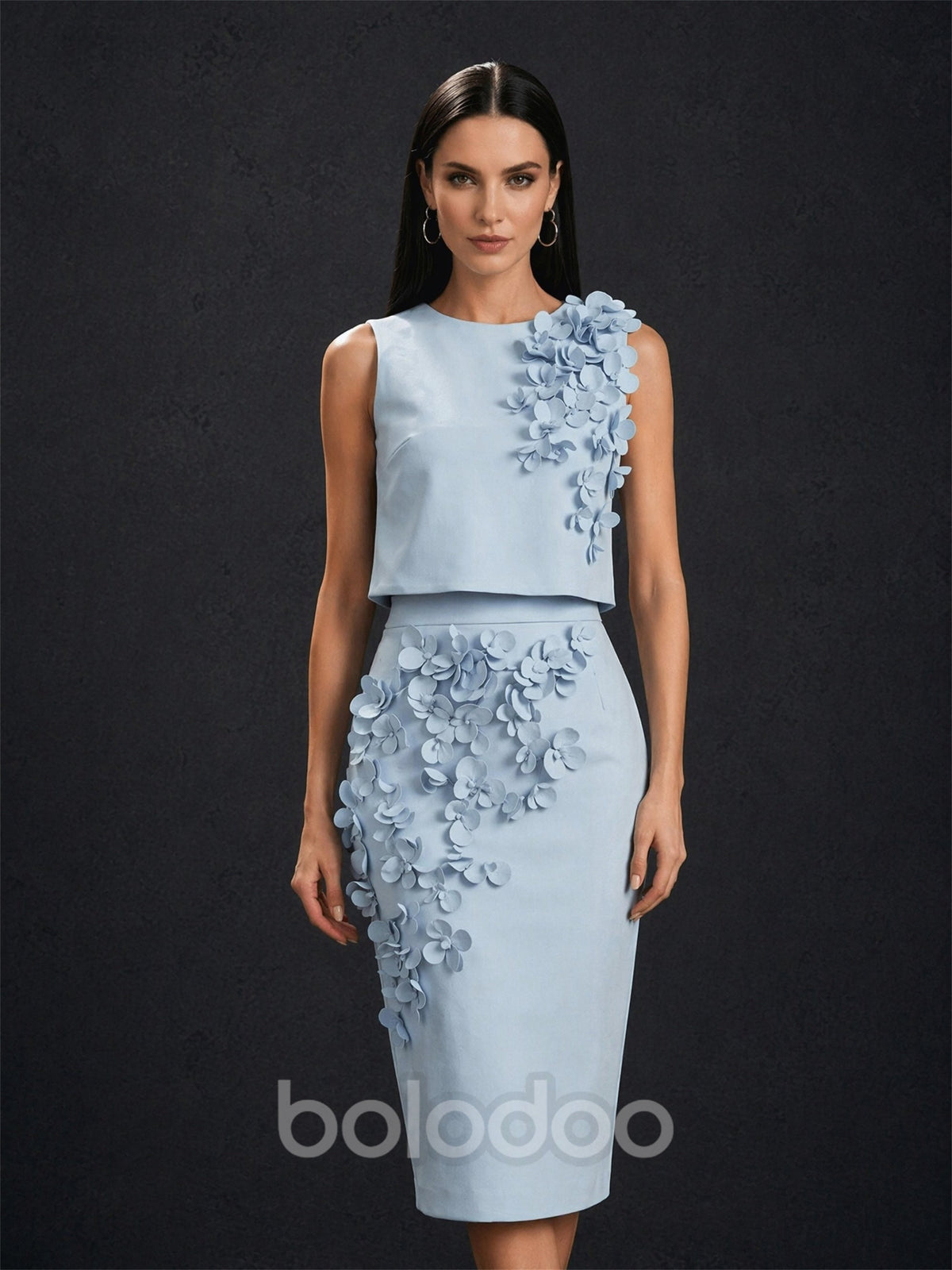 BOLODOO light blue 3D floral two piece set – back view with covered back and pencil skirt | BOLODOO watermark