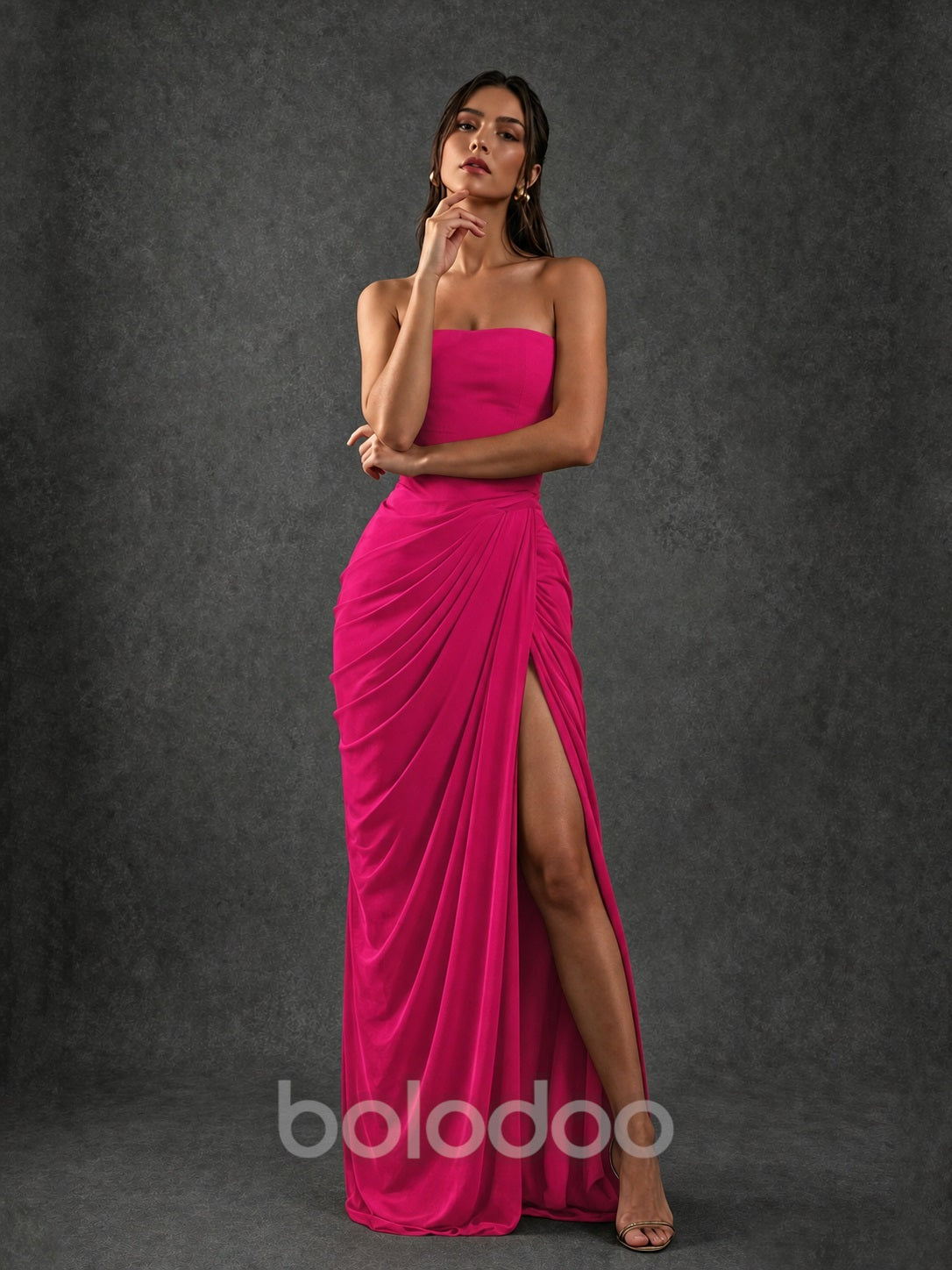 BOLODOO Strapless Draped Maxi Dress - Hot Pink Backless Evening Gown with High Slit - view 3 | BOLODOO watermark