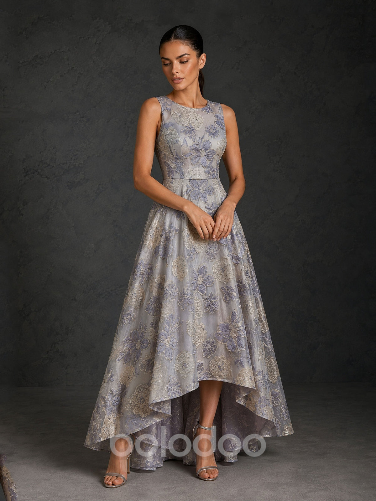 BOLODOO BD0478 blue lavender floral jacquard sleeveless high-low gown – front view full length | BOLODOO watermark