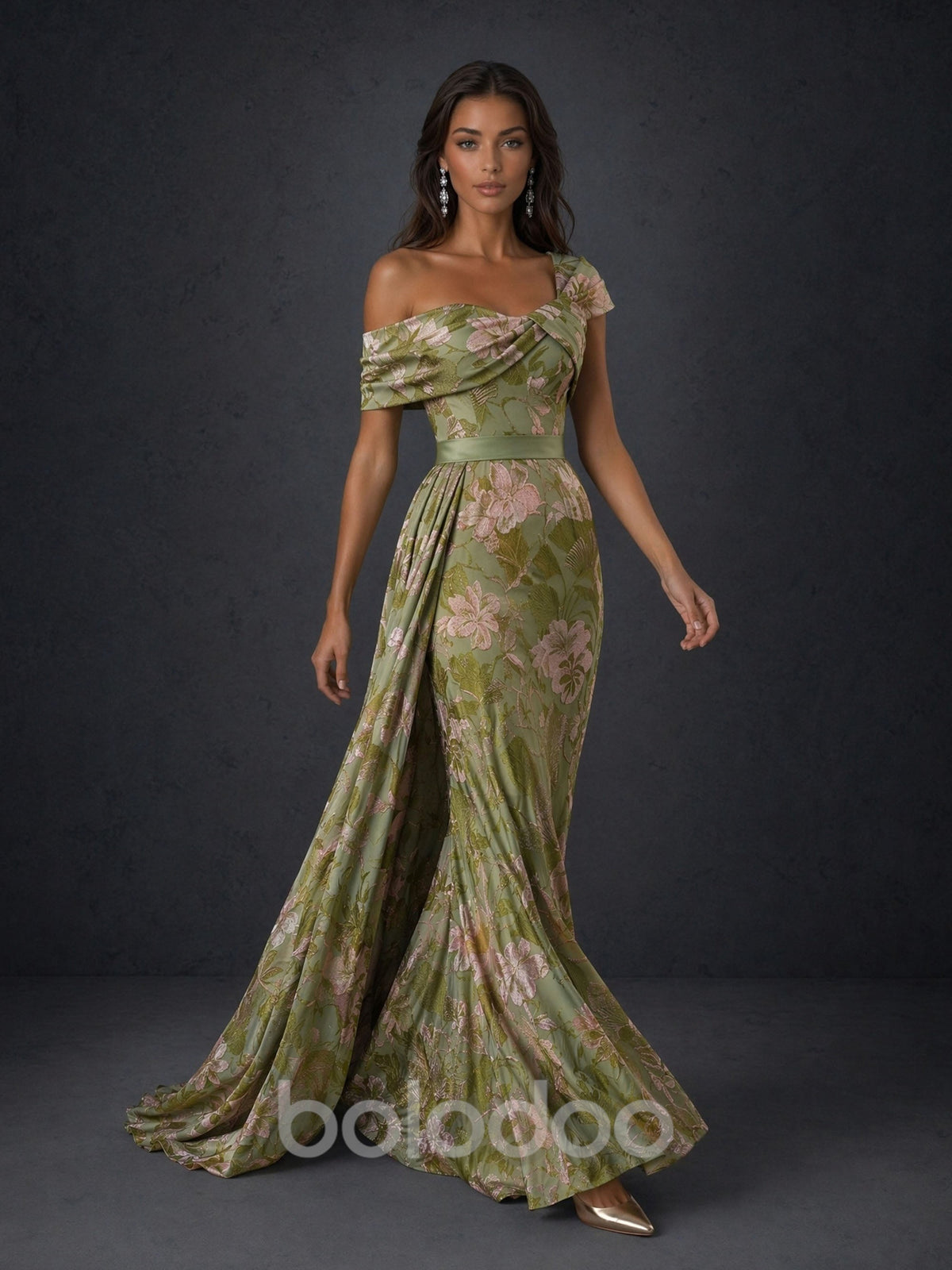 BOLODOO BD0479 olive green one-shoulder floral jacquard mermaid gown – front view second angle showing train | BOLODOO watermark