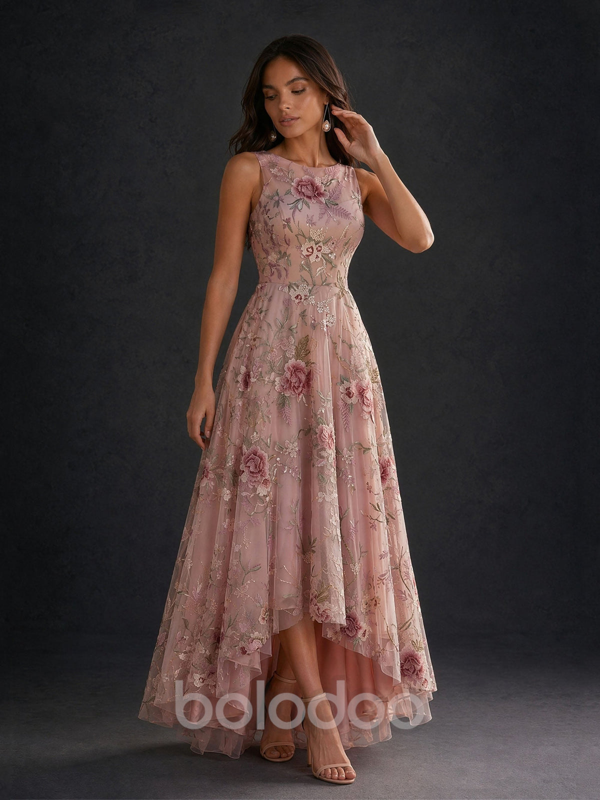 BOLODOO BD0480 dusty rose sleeveless 3D floral embroidered tulle high-low gown – front view full length | BOLODOO watermark
