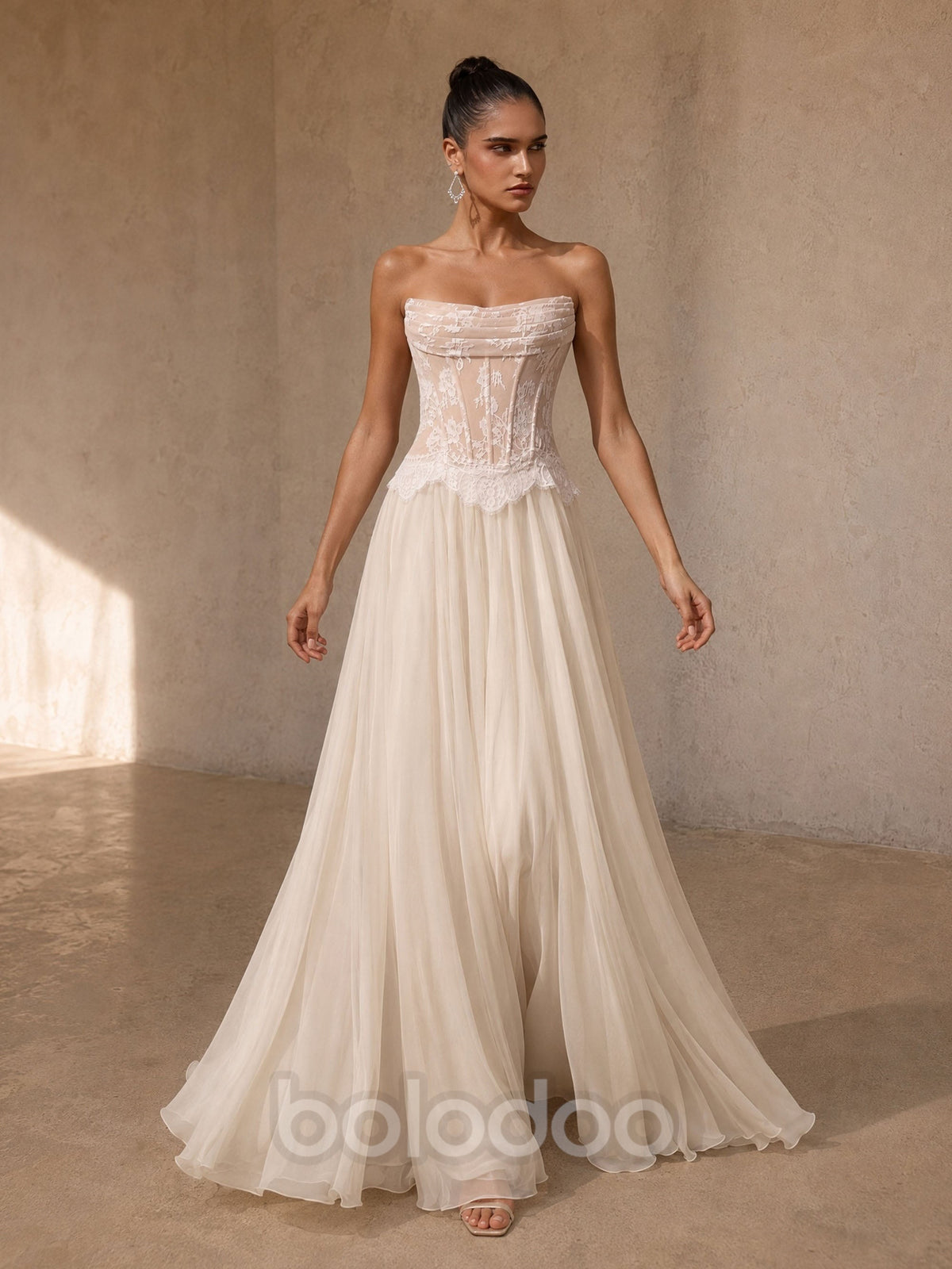 BOLODOO BD0508 ivory sheer lace corset strapless wedding gown – full front view showing A-line silhouette and floor-length chiffon skirt | BOLODOO watermark