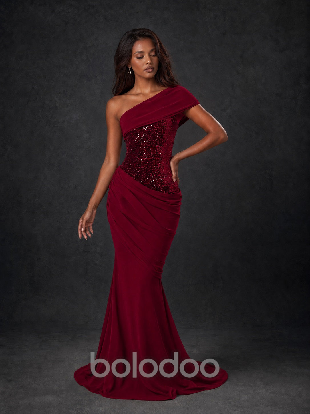 BOLODOO Burgundy One-Shoulder Sequin Embroidered Ruched Mermaid Gown with Train - view 3 | BOLODOO watermark