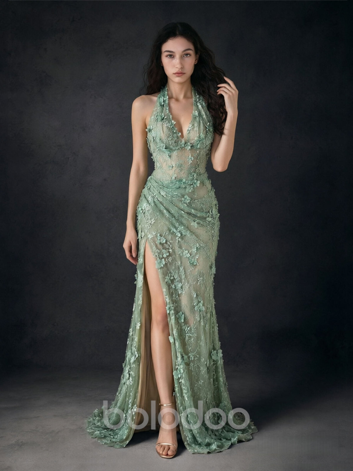 BOLODOO Sage Green 3D Floral Embroidered Lace Halter Deep V-Neck Mermaid Backless Slit Maxi Dress | BOLODOO watermark