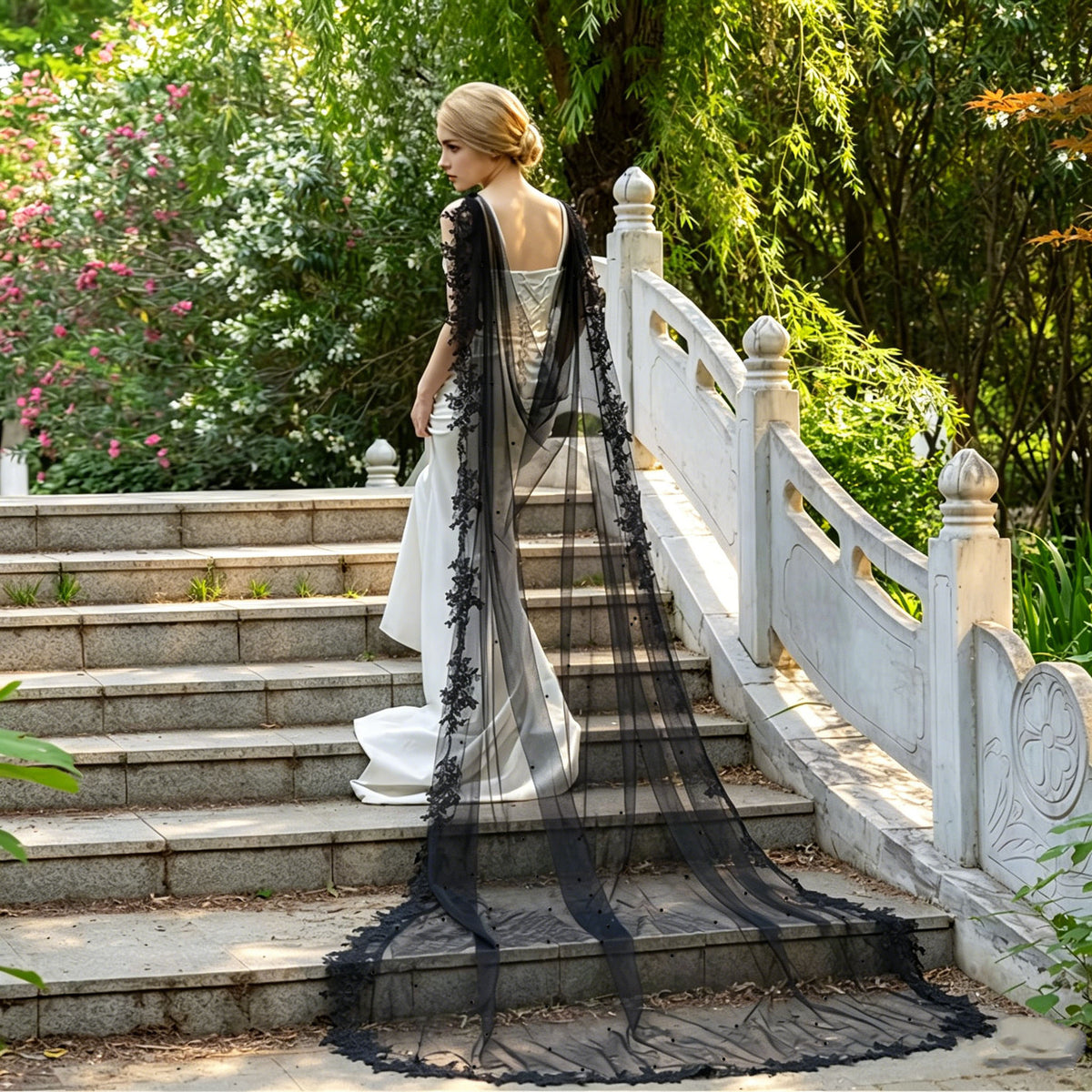 BOLODOO White Lace Applique Bridal Cape with Sheer Long Train 