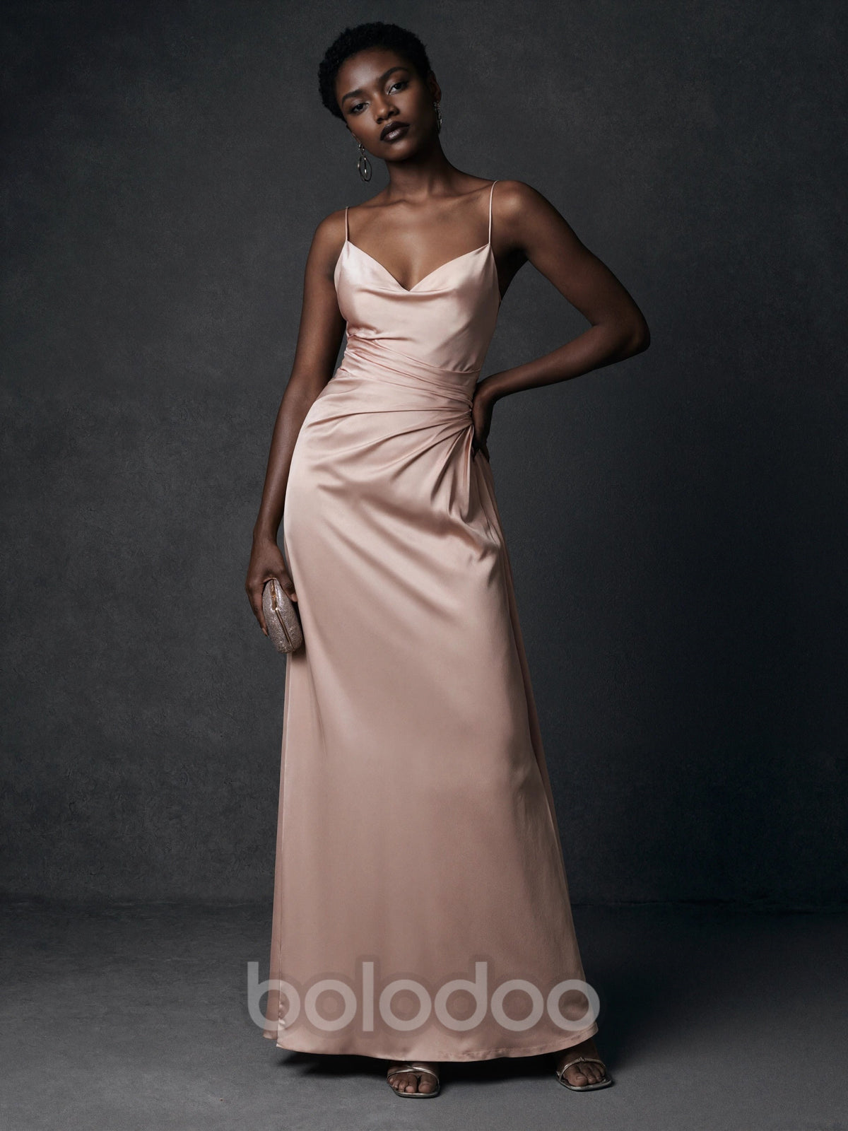 BOLODOO Nude Pink Satin Cowl Neck Spaghetti Strap Ruched Backless Maxi Dress maxi dress | BOLODOO watermark