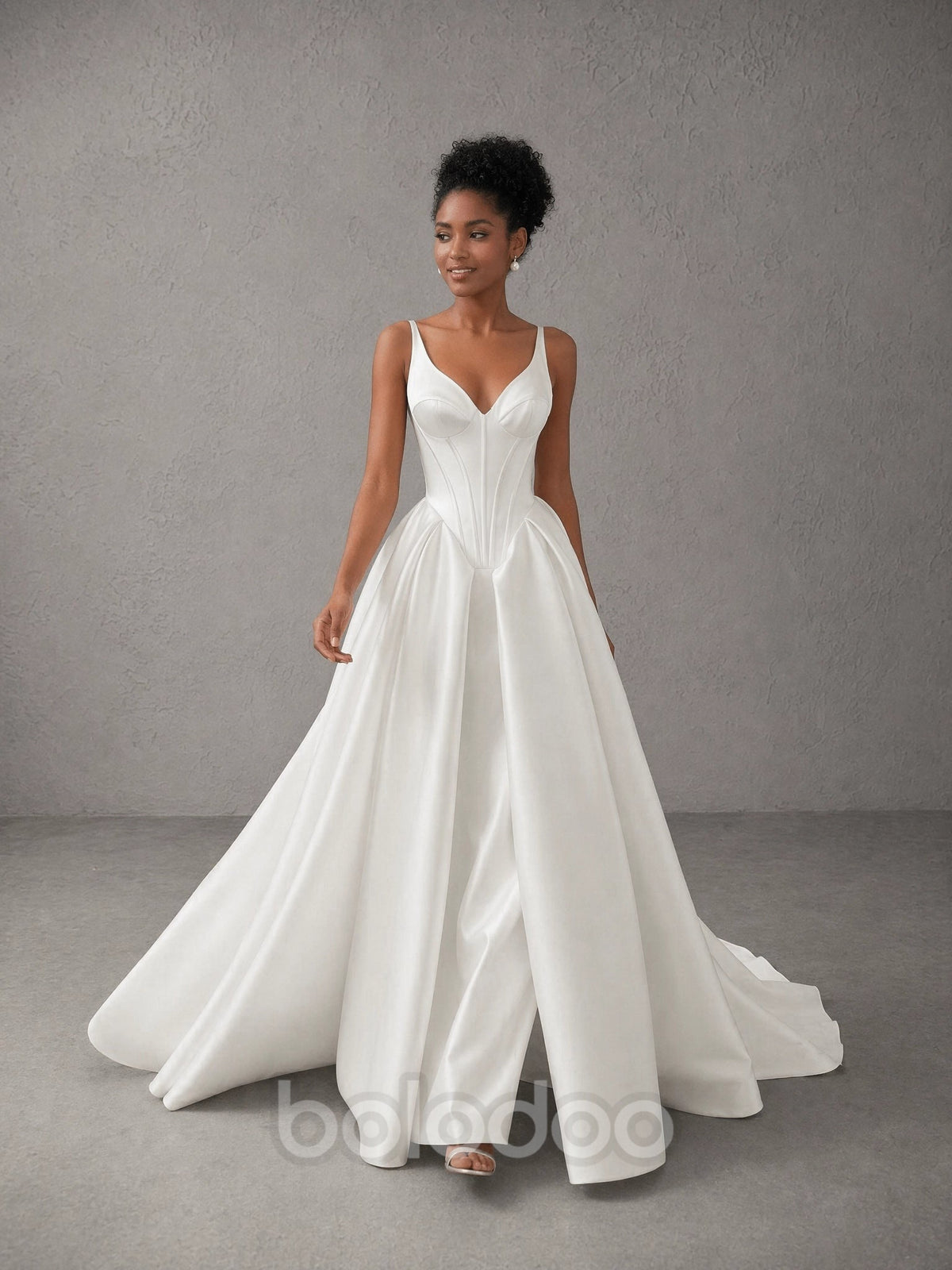 BOLODOO White Spaghetti Strap V-Neck Corset Ballgown Wedding Dress with Train and Slit evening gown | BOLODOO watermark