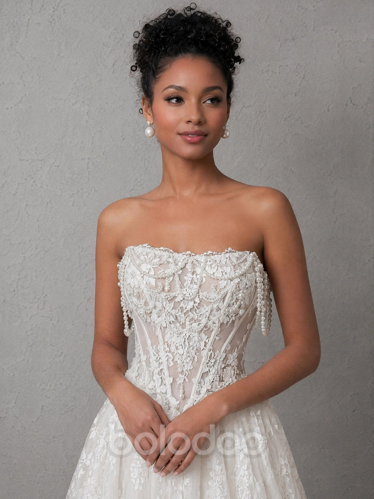 BOLODOO White Strapless Lace Embroidered Pearl Tassel Corset A-Line Wedding Gown with Train evening gown | BOLODOO watermark