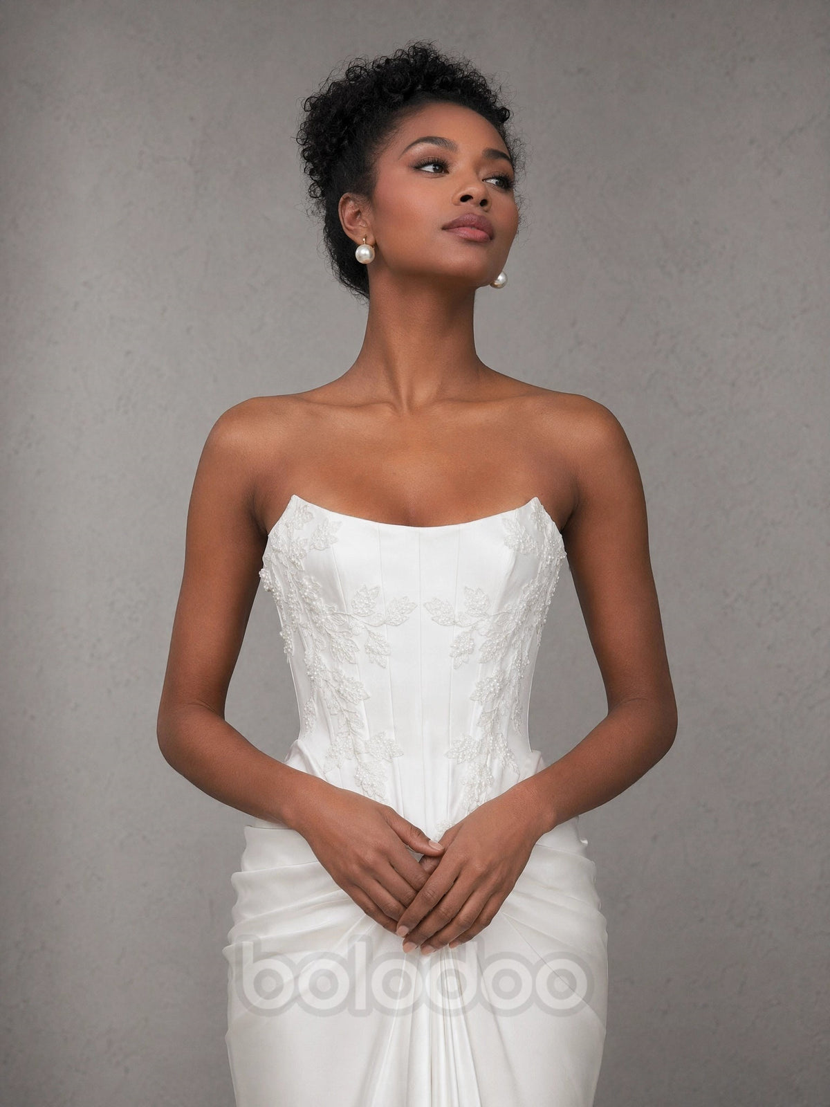 BOLODOO White Strapless Straight Neck Lace Corset Draped Satin Mermaid Wedding Gown with Slit and Train evening gown | BOLODOO watermark
