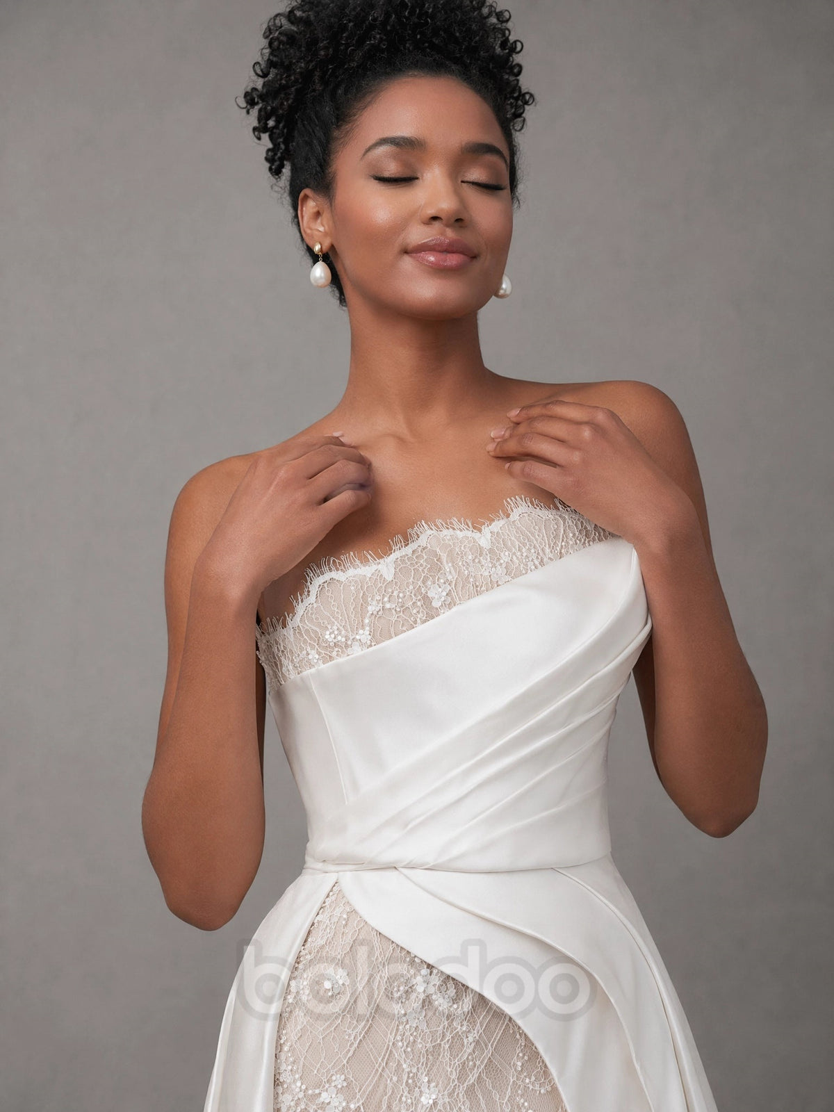BOLODOO White Strapless Lace Trim Draped Satin Corset Lace Mermaid Wedding Gown with Detachable Satin Train evening gown | BOLODOO watermark