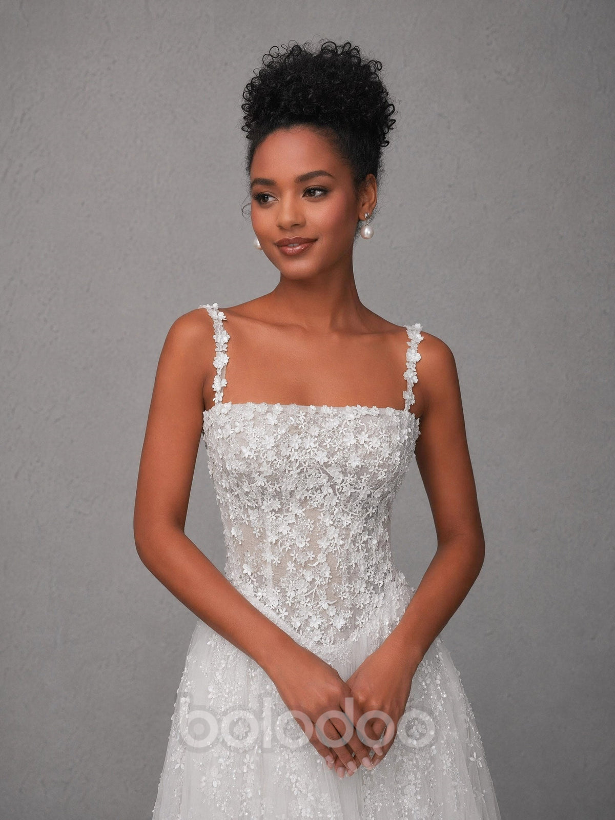 BOLODOO White Square Neck 3D Floral Strap Beaded Lace Corset A-Line Wedding Gown with Glitter Tulle Train evening gown | BOLODOO watermark