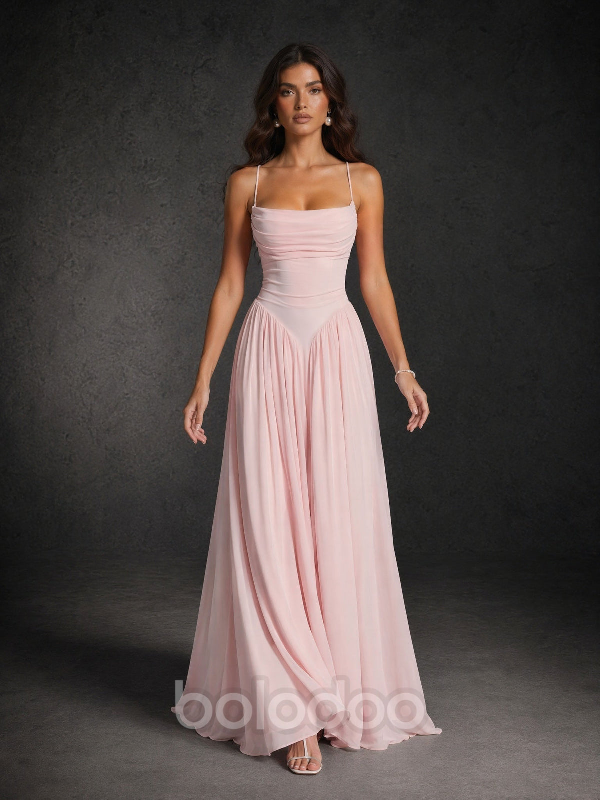 BOLODOO Blush Pink Spaghetti Strap Square Neck Ruched Chiffon Maxi Dress with Lace-Up Back maxi dress | BOLODOO watermark