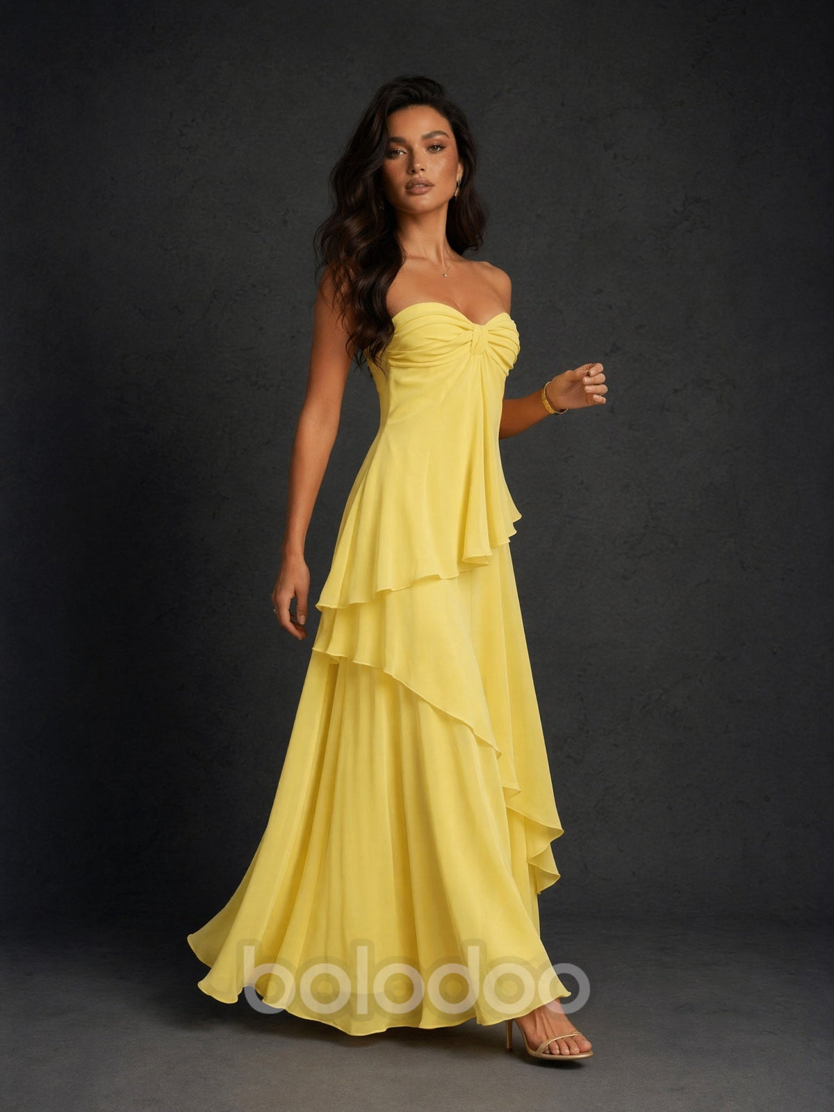 BOLODOO Yellow Strapless Sweetheart Knotted Chiffon Tiered Maxi Dress with Lace-Up Back maxi dress | BOLODOO watermark