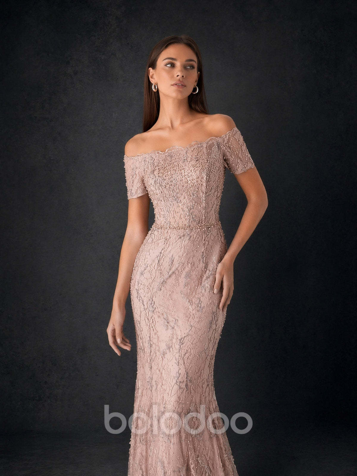 BOLODOO Rose Gold Beaded Lace Off-Shoulder Mermaid Formal Evening Gown with Short Sleeves evening gown | BOLODOO watermark