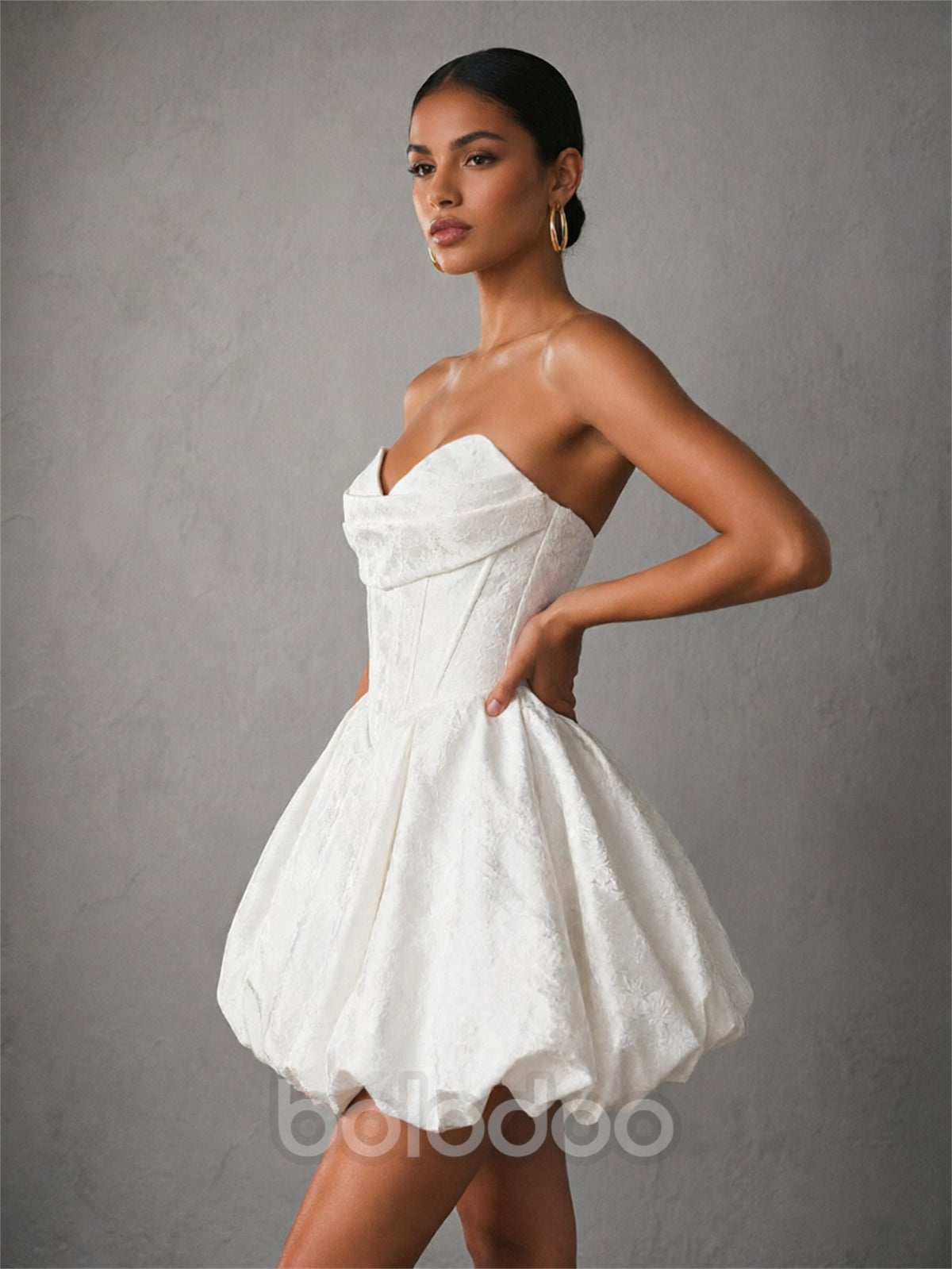BOLODOO white strapless bubble mini dress - side view showing bubble skirt silhouette | BOLODOO watermark