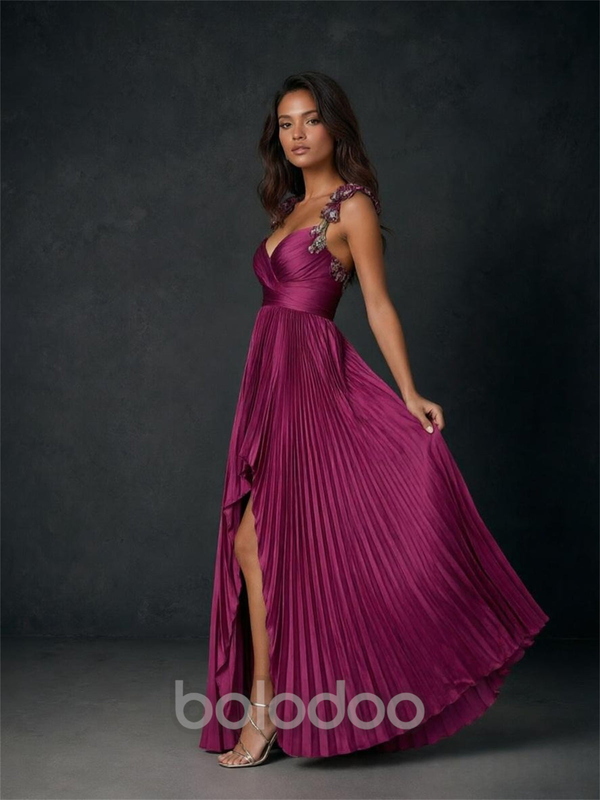 BOLODOO magenta pleated chiffon 3D rose strap gown - back view showing open V-back and 3D rose embellished straps with floor-length pleated skirt | BOLODOO watermark