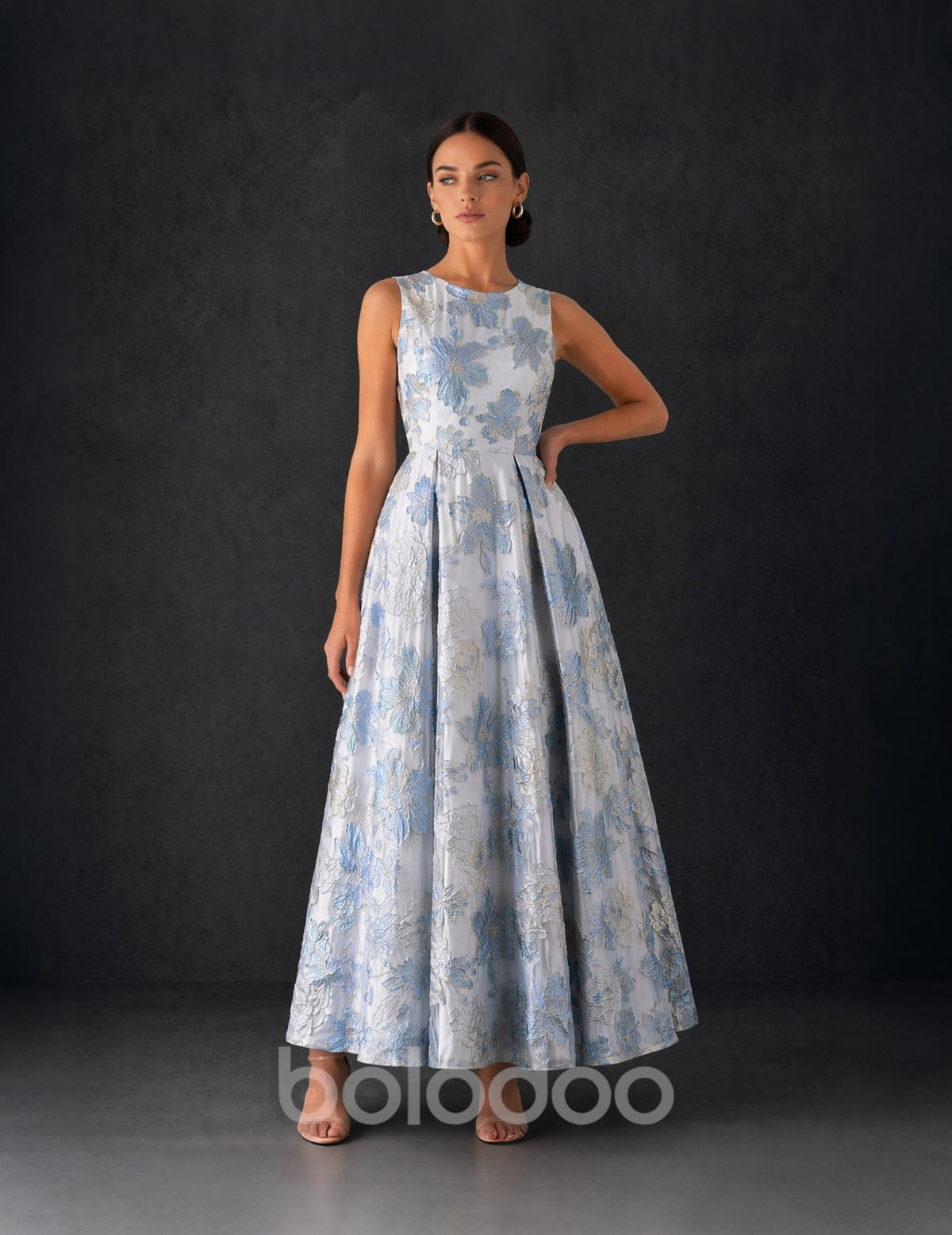 BOLODOO ice blue floral brocade midi dress - front view showing box pleat skirt and jewel neckline detail | BOLODOO watermark