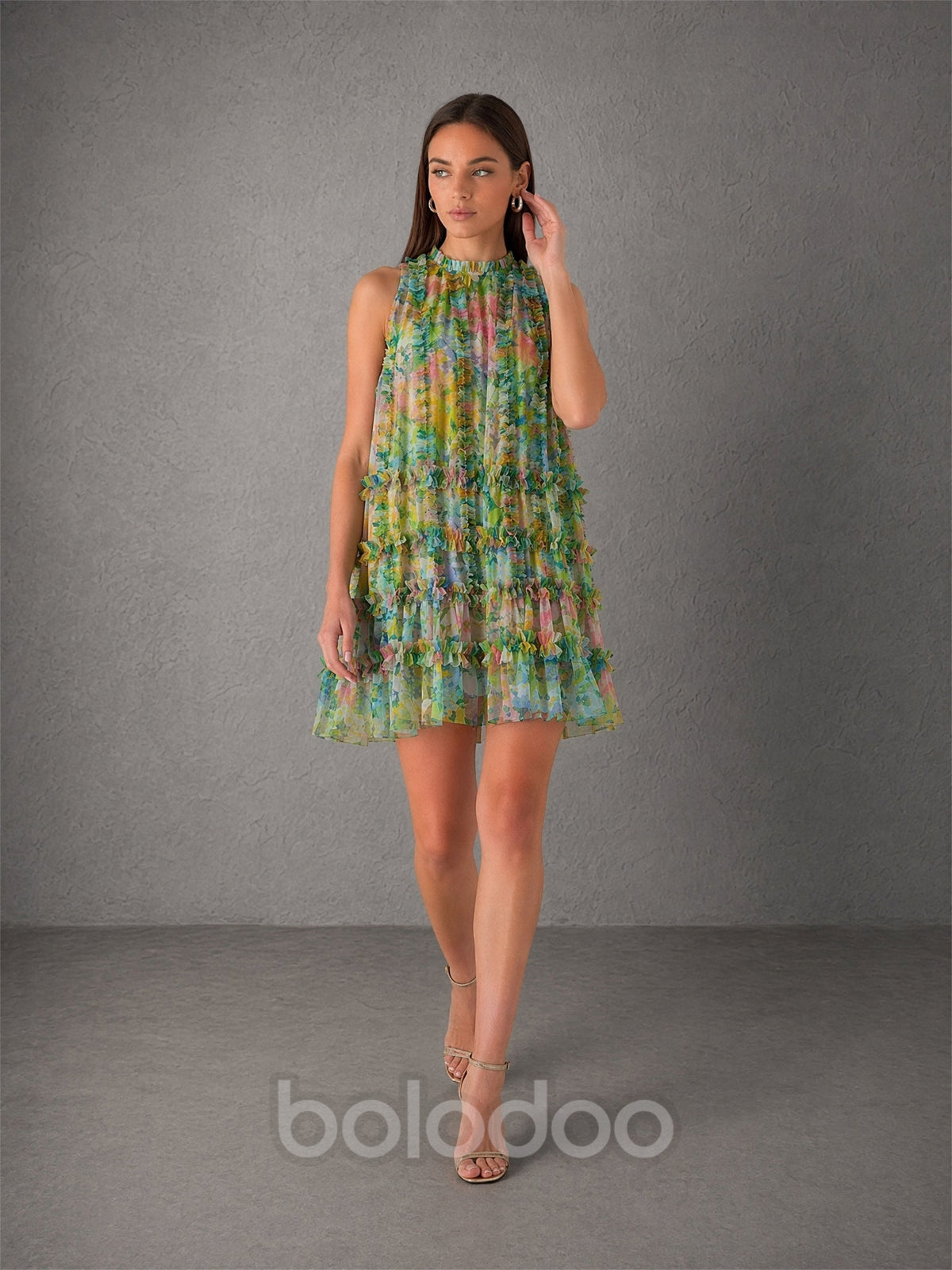 BOLODOO green floral chiffon ruffle mini dress - front close-up view showing mock neck ruffle trim and layered ruffle detail | BOLODOO watermark