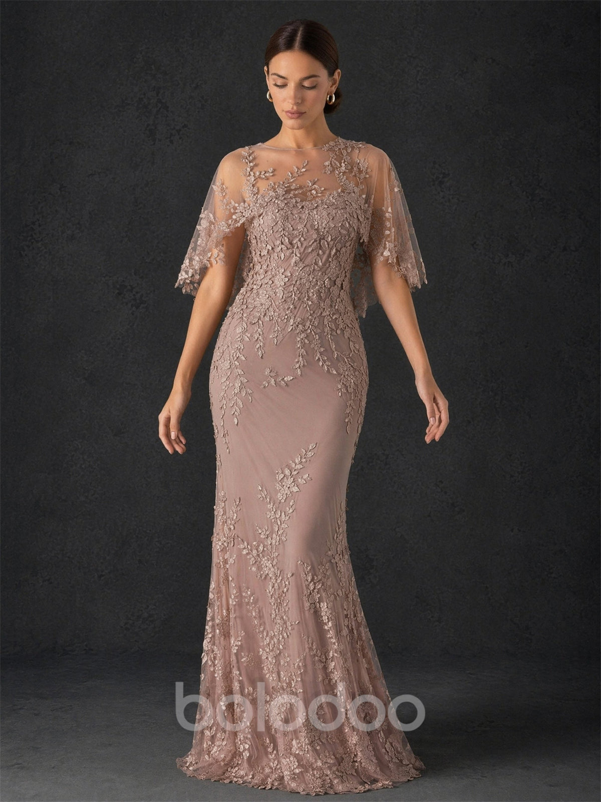 BOLODOO mocha rose botanical lace mermaid gown - front view looking down showing flutter sleeve drape and tonal lace embroidery detail | BOLODOO watermark