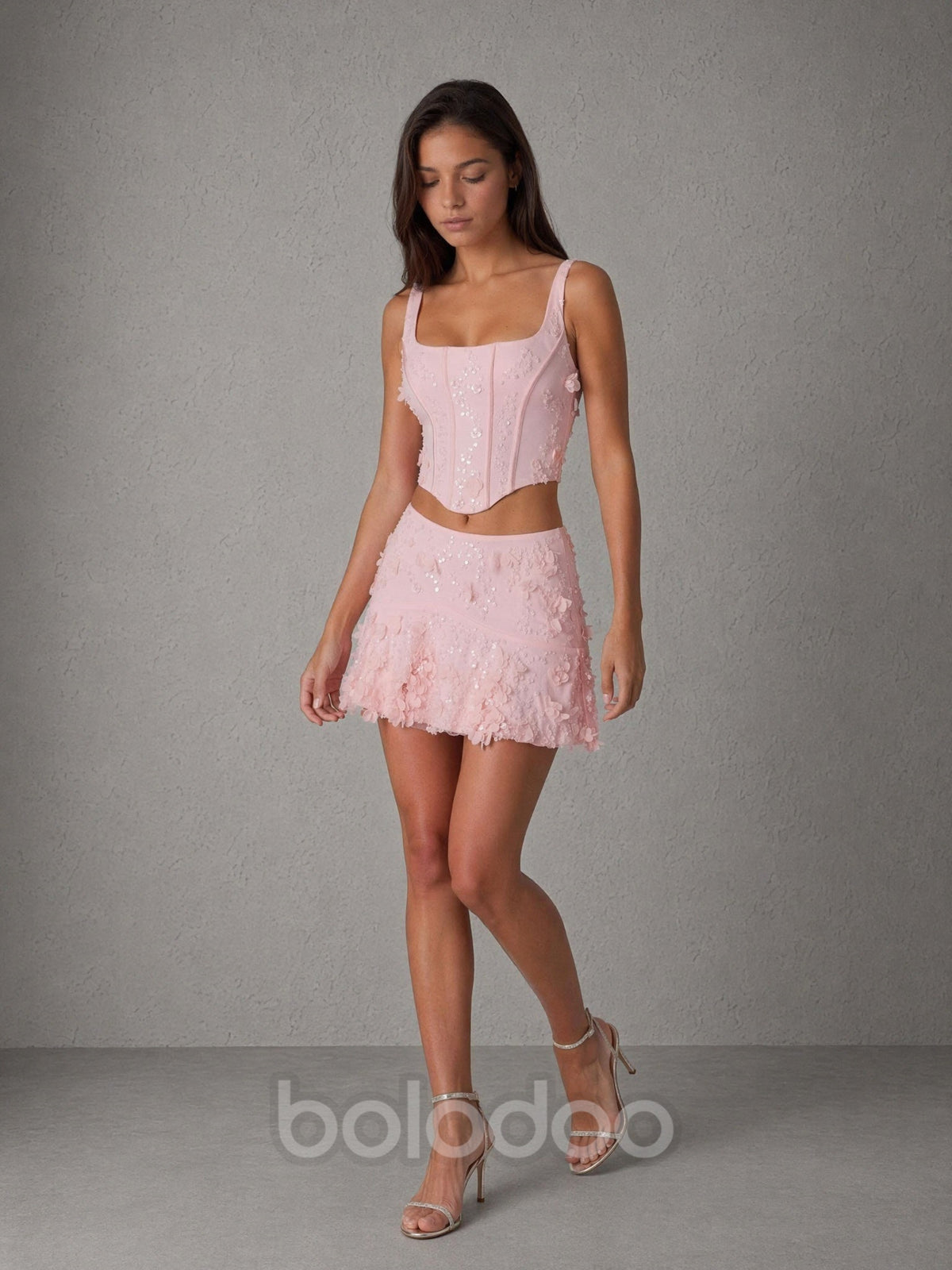 BOLODOO blush pink 3D floral lace corset top and mini skirt set - front upper body close-up showing corset boning and floral detail | BOLODOO watermark