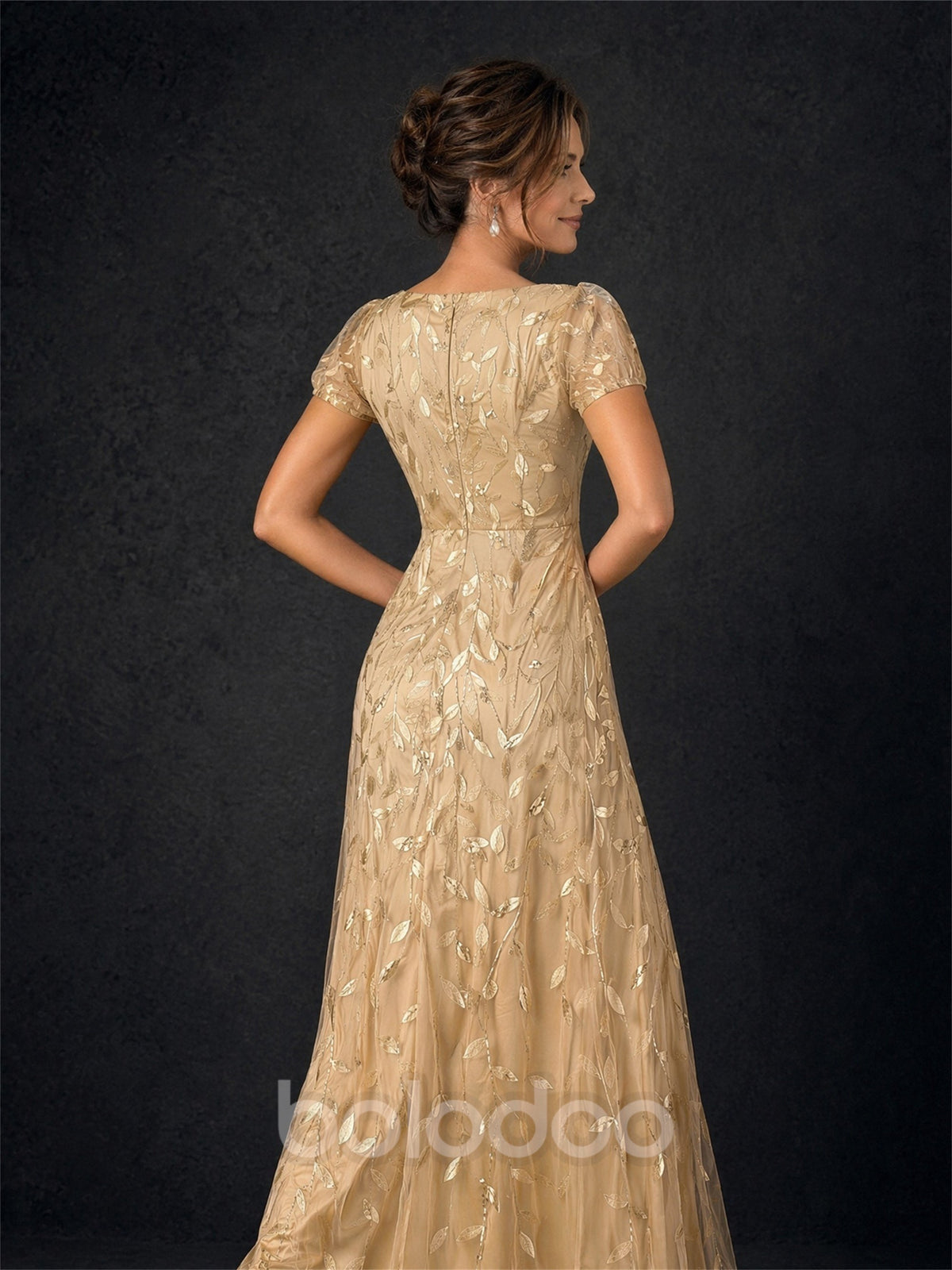 BOLODOO Champagne Gold Leaf Embroidered A-Line Formal Gown with Cap Sleeves | BOLODOO watermark