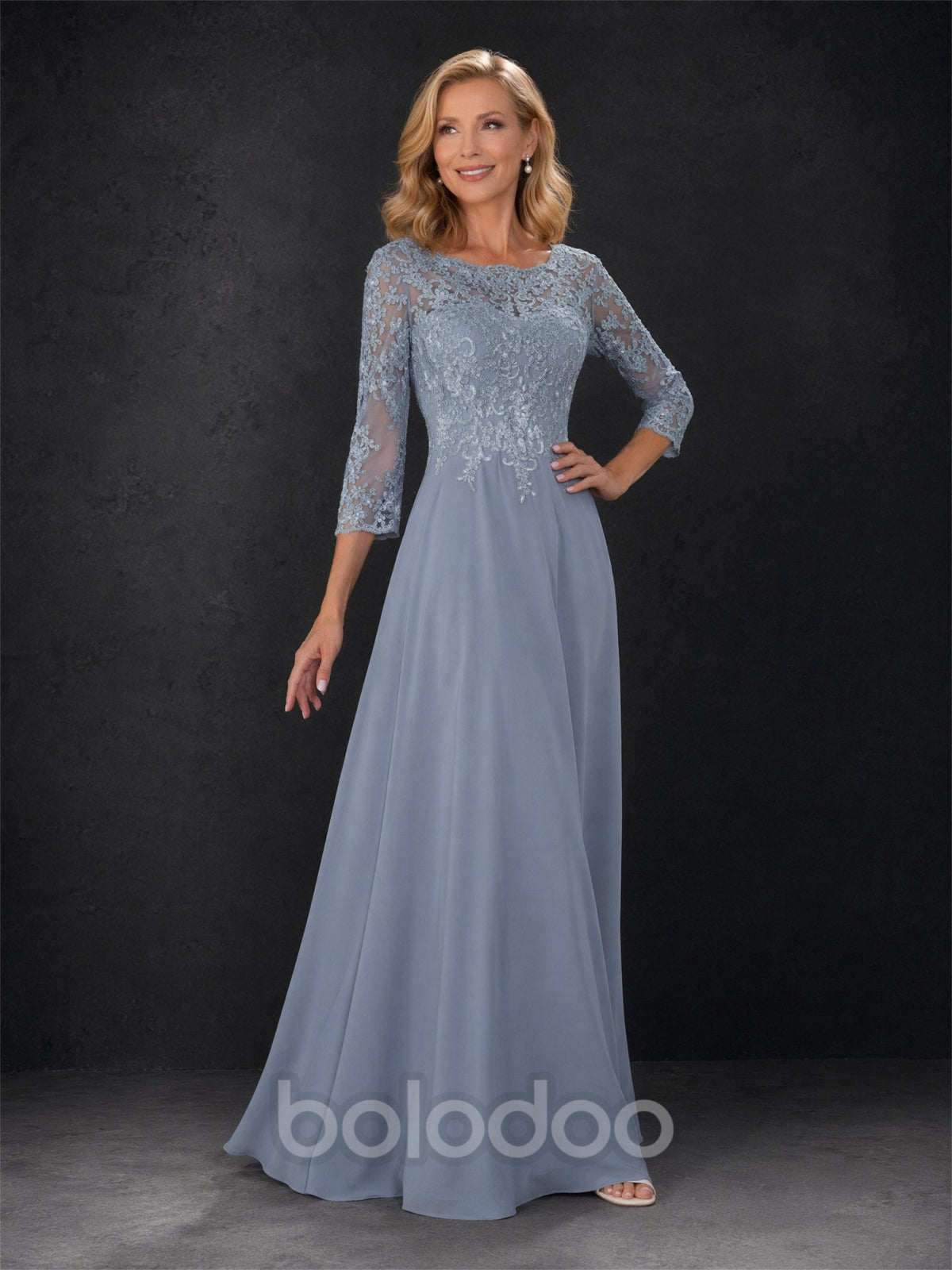 BOLODOO Dusty Blue Lace Embroidered Mother of the Bride Dress with 3/4 Sleeves | BOLODOO watermark