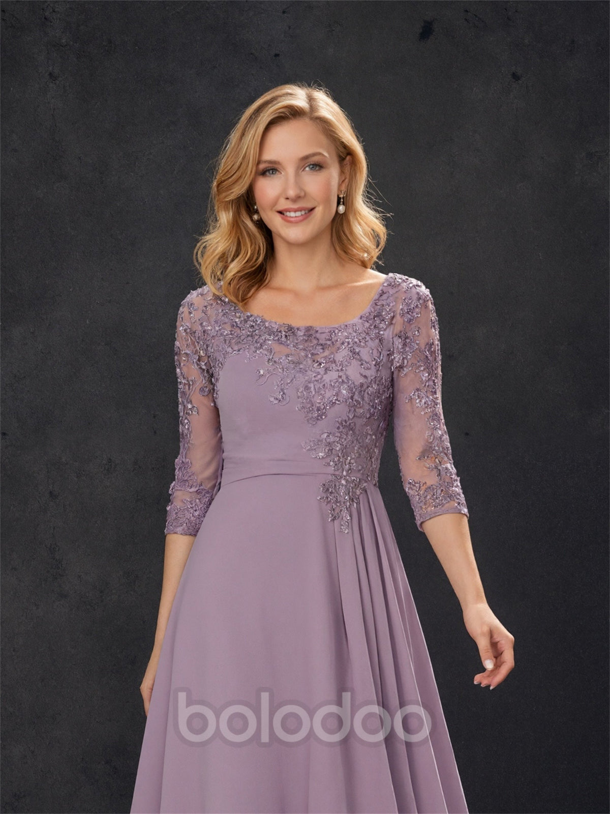 BOLODOO Mauve Purple Lace Applique Chiffon Hi-Low Mother of the Bride Dress with 3/4 Sleeves | BOLODOO watermark