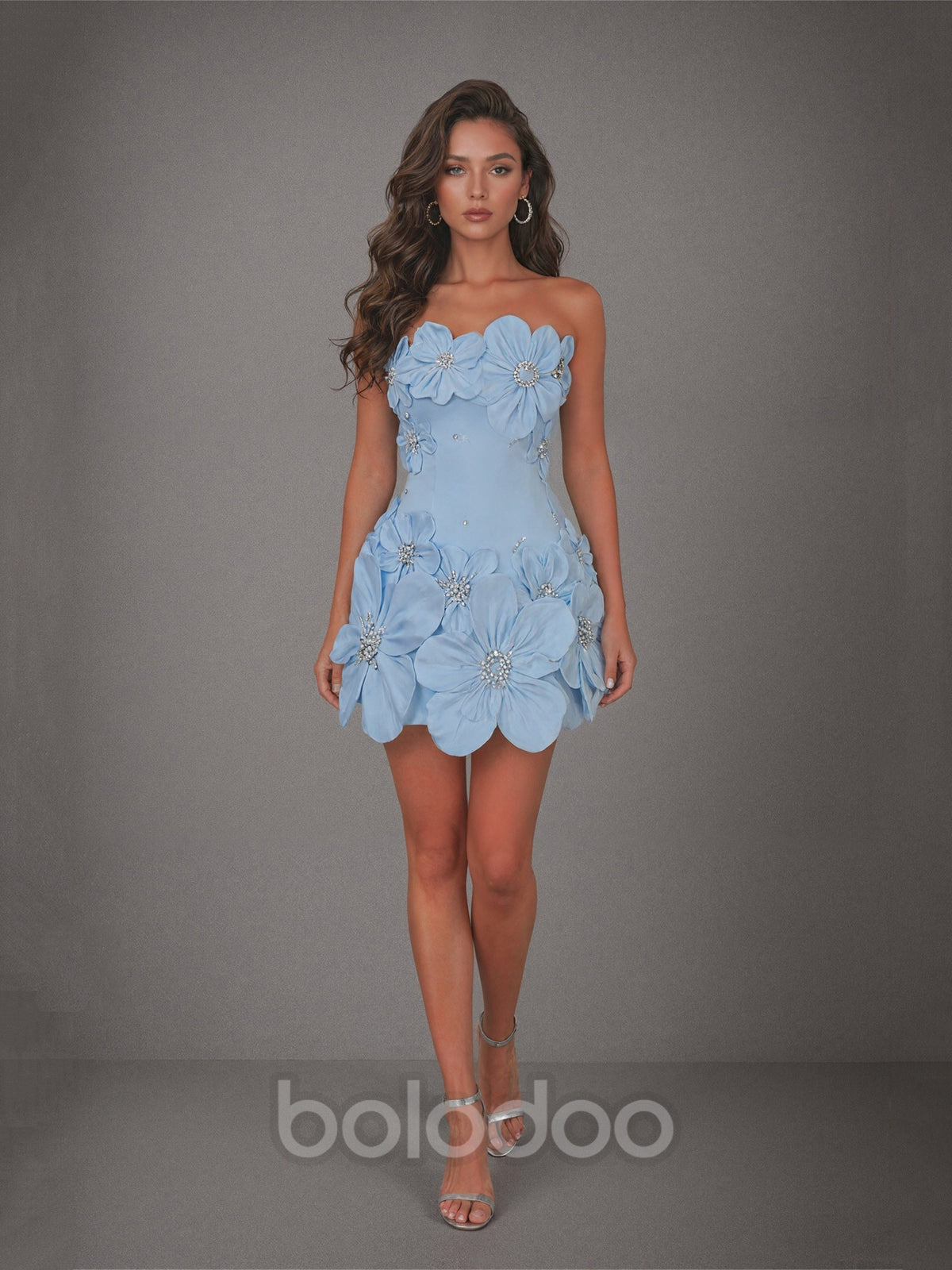 BOLODOO Blue 3D Floral Strapless Mini Dress with Crystal Embellishments | BOLODOO watermark