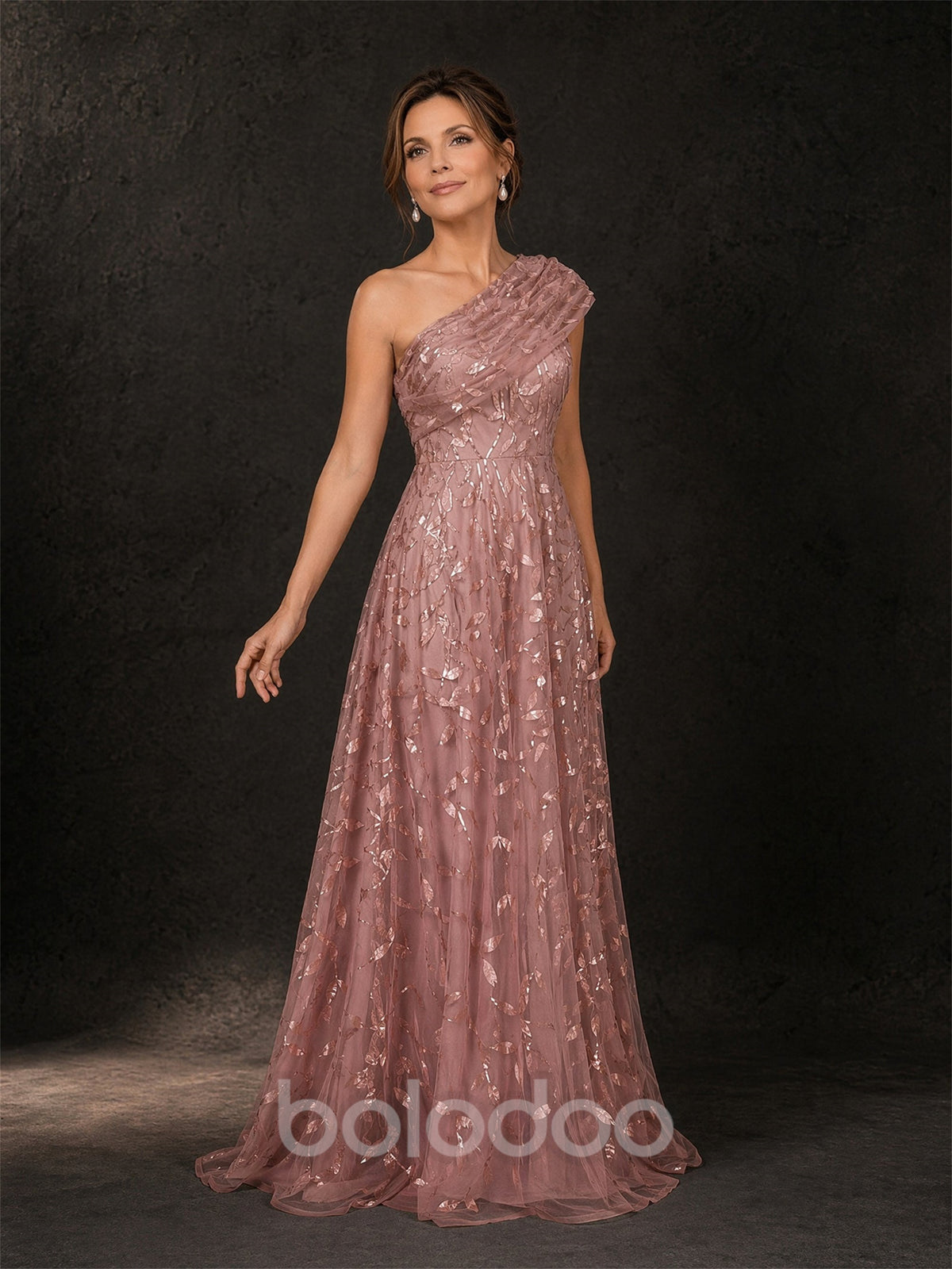 BOLODOO Dusty Rose Gold Leaf Sequin One-Shoulder A-Line Maxi Gown – Mother of the Bride & Formal Evening Dress | BOLODOO watermark