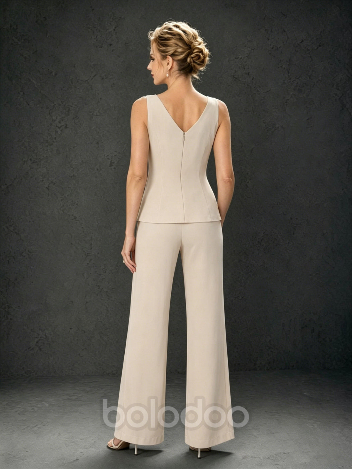 BOLODOO Champagne 3-Piece Mother of the Bride Pant Suit with Beaded Top & Chiffon Jacket | BOLODOO watermark