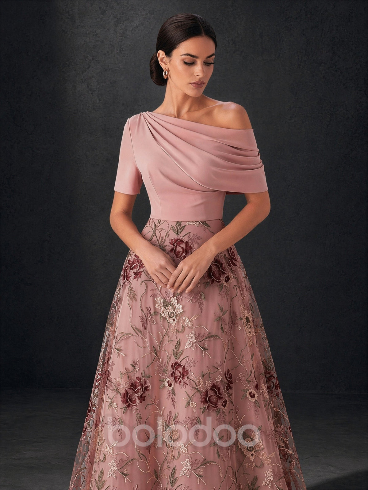 BOLODOO Blush Pink Off-Shoulder Draped Satin & Burgundy Floral Embroidered Tulle A-Line Gown – Short Sleeve Floor Length | BOLODOO watermark