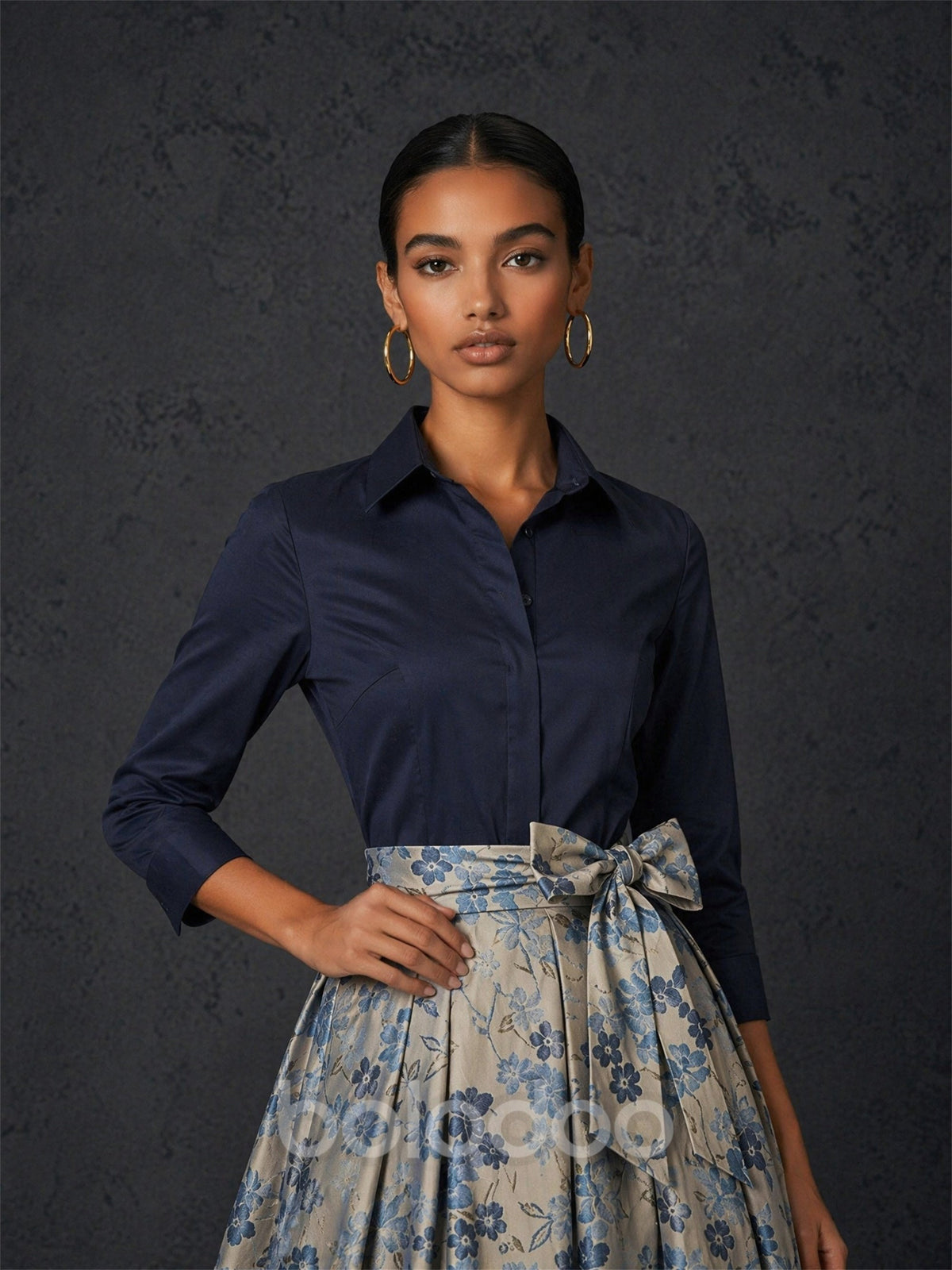 BOLODOO Navy Blue Shirt & Silver Blue Floral Jacquard Ball Skirt 2-Piece Set – 3/4 Sleeve Bow Belt Floor Length Mother o | BOLODOO watermark
