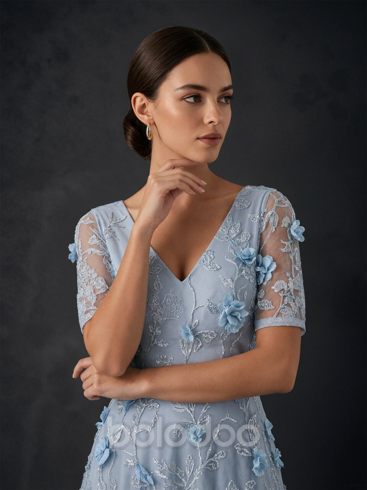 BOLODOO Dusty Blue 3D Floral Embroidered Tulle Maxi Gown – V-Neck Short Sleeve Mother of the Bride Dress | BOLODOO watermark