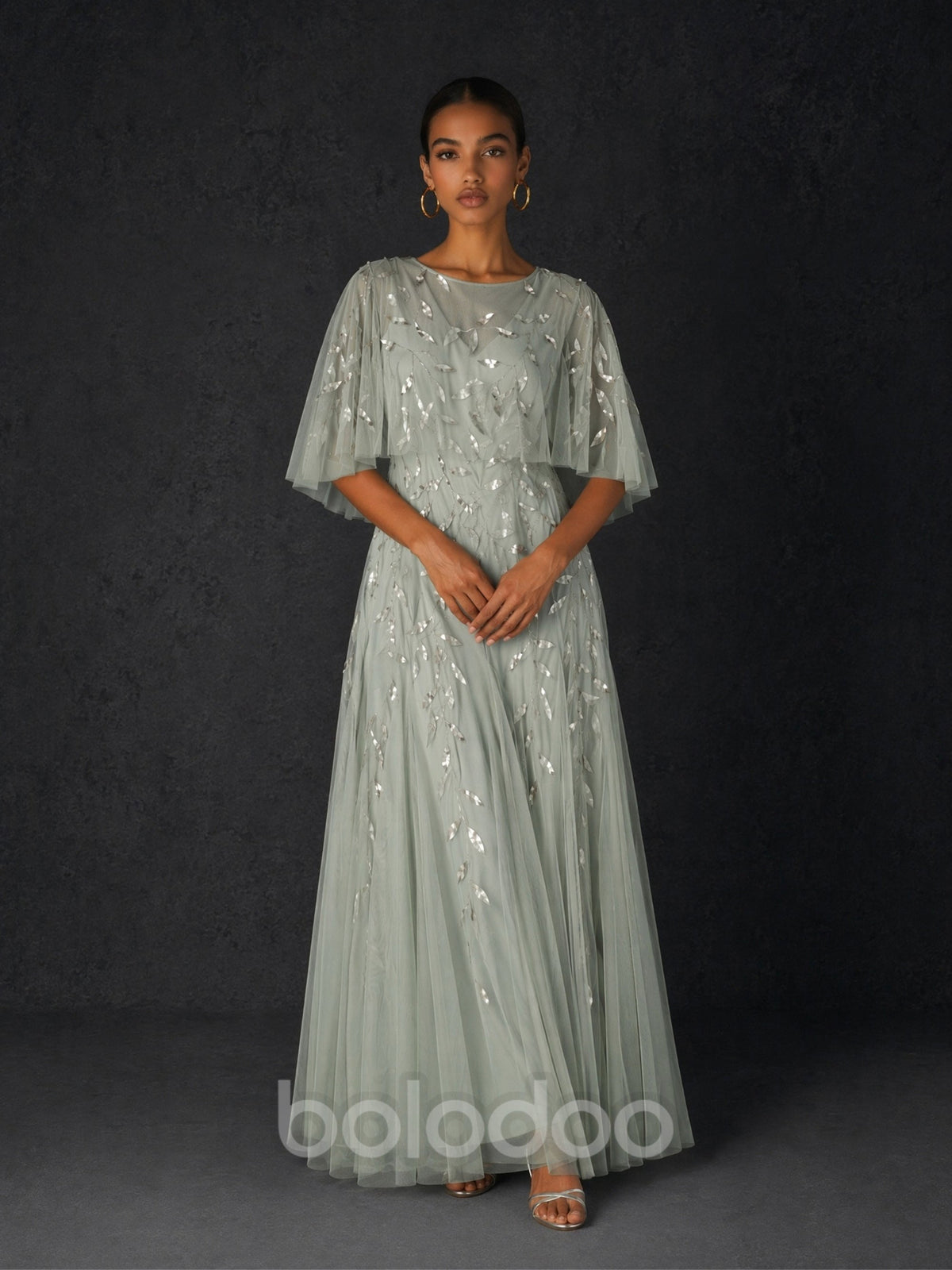 BOLODOO Sage Green Sequin Leaf Embroidered Flutter Sleeve Maxi Dress – A-Line Floor Length Mother of the Bride Gown | BOLODOO watermark